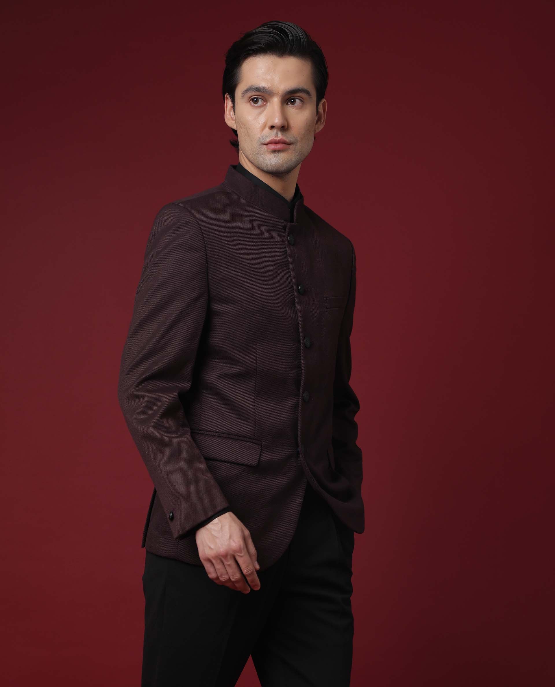 Rare Rabbit Men's Edit Band Maroon Polyester Plain Tailored Fit Full Sleeve Mandarin Collar Bandhgala Jodhpuri - Image 5
