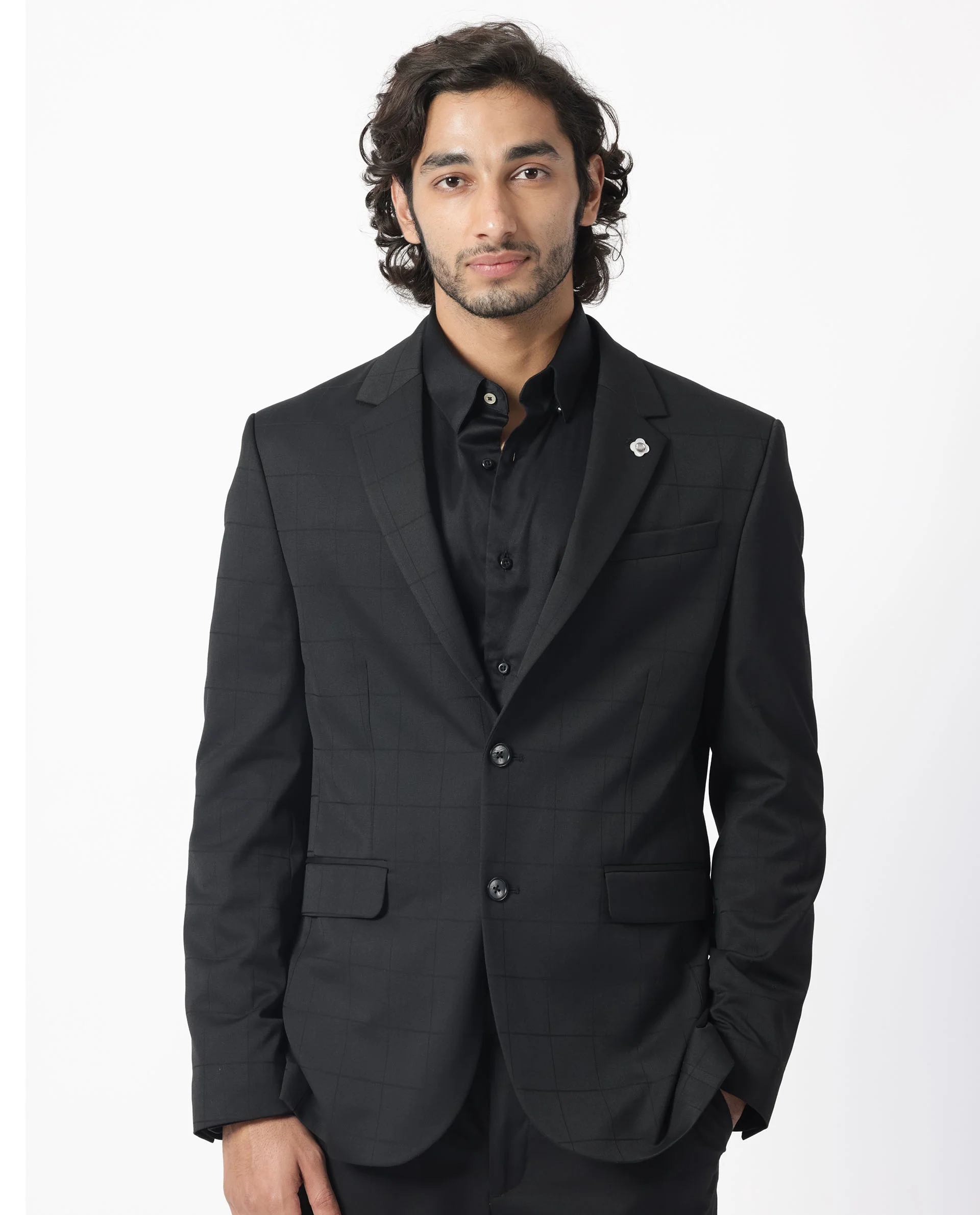Rare Rabbit Men's Edmon Black Viscose Checked Print Tailored Fit Full Sleeve Lapel Neck Suits - Image 3