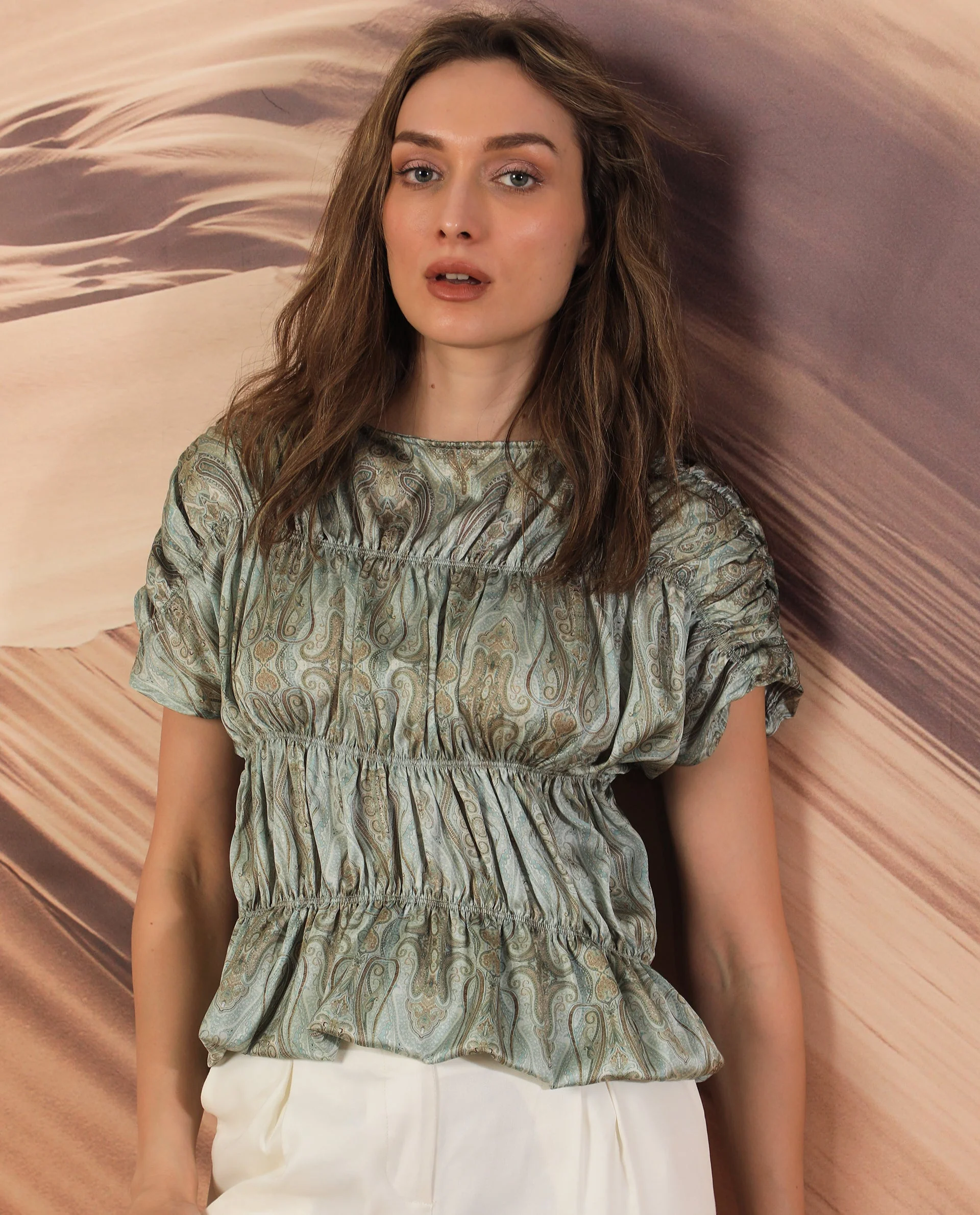 Rareism Women's Edney Green Polyester Boat Neck Paisley Print Extended Sleeves Relaxed Fit Top - Image 4