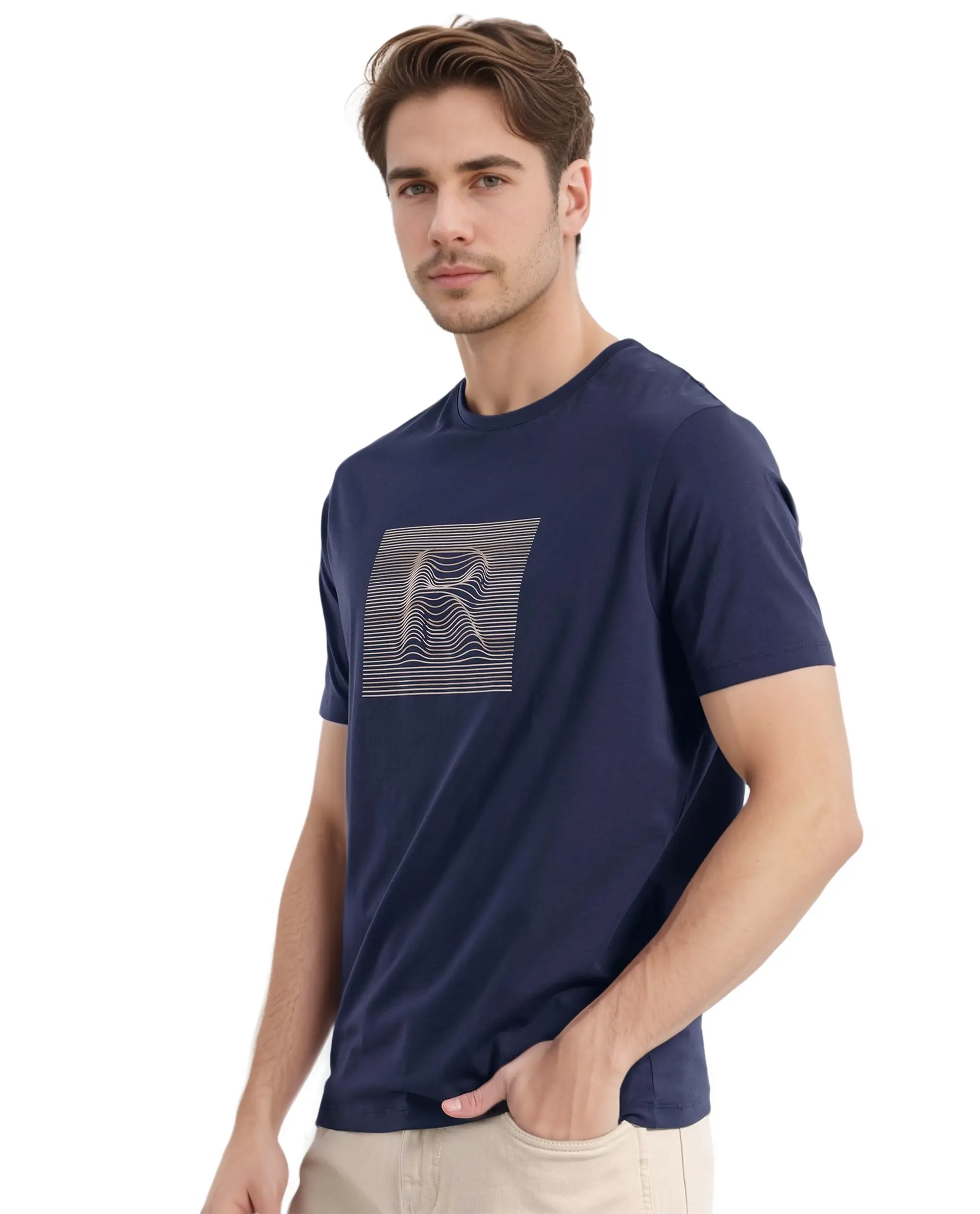 Rare Rabbit Men's Edo Navy Cotton Graphic Print Regular Fit Half Sleeve Crew Neck T-Shirt - Image 5