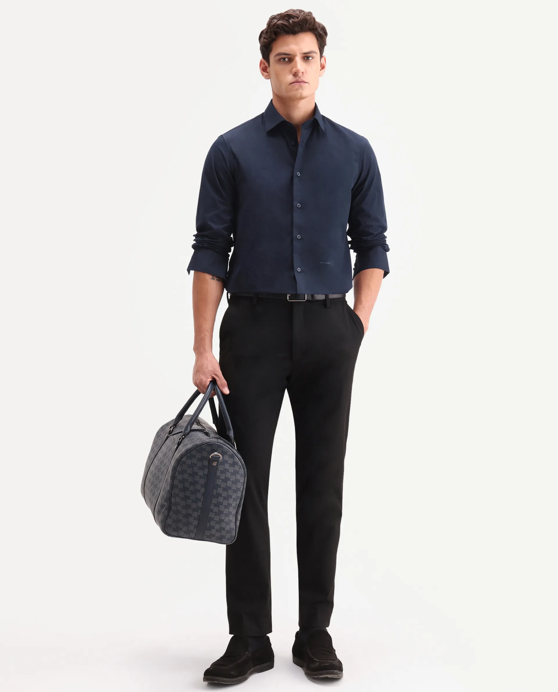 Rare Rabbit Men's Edro Navy Cotton Fabric Full Sleeve Collared Regular Fit Plain Shirt - Image 2