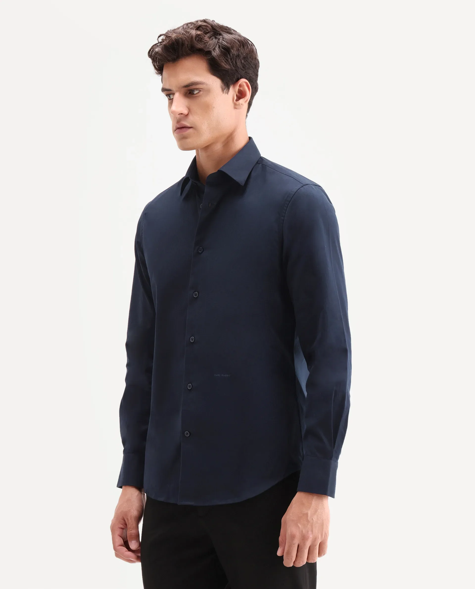 Rare Rabbit Men's Edro Navy Cotton Fabric Full Sleeve Collared Regular Fit Plain Shirt - Image 5