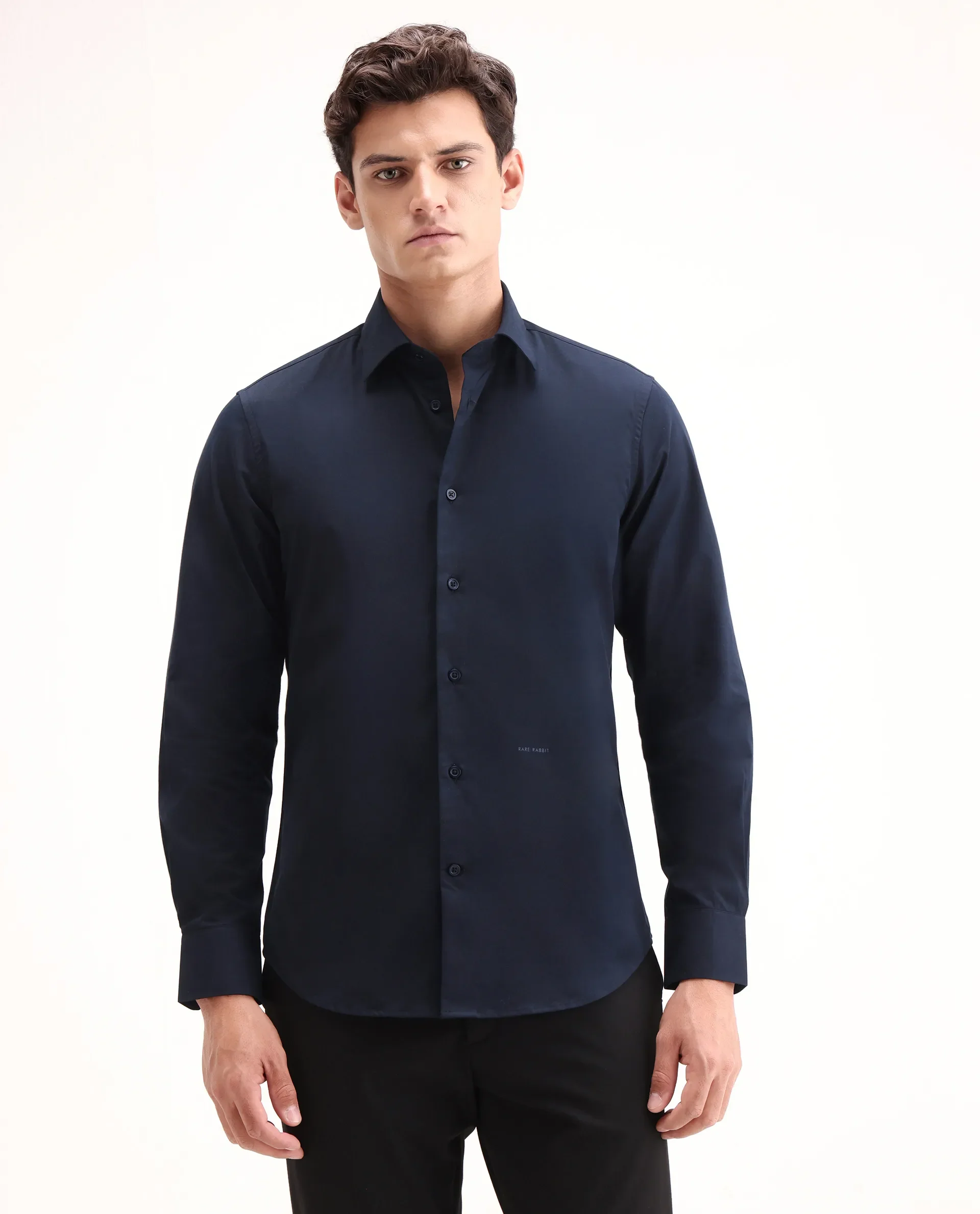 Rare Rabbit Men's Edro Navy Cotton Fabric Full Sleeve Collared Regular Fit Plain Shirt - Image 7