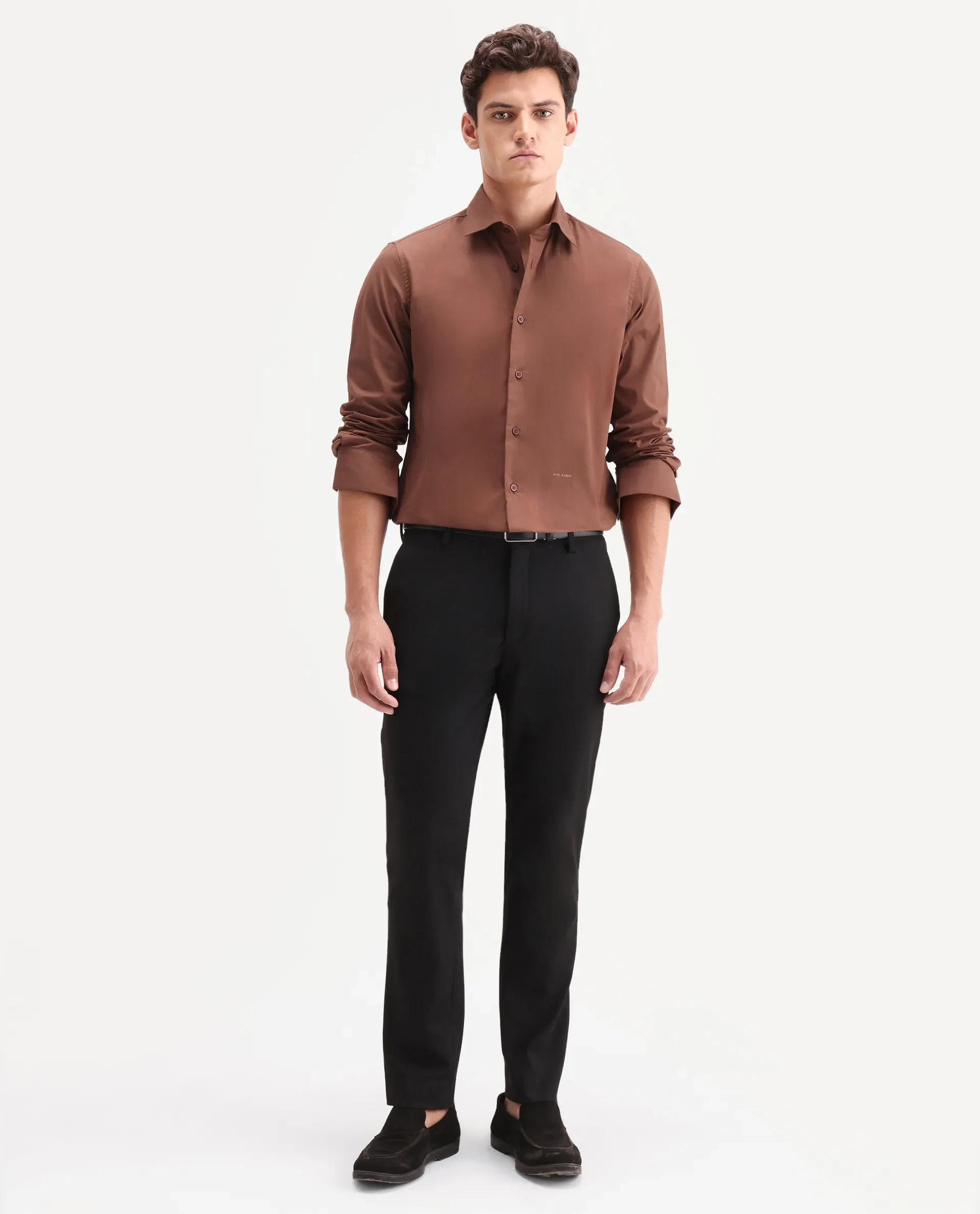 Rare Rabbit Men's Edro Rust Cotton Fabric Full Sleeve Collared Regular Fit Plain Shirt - Image 2