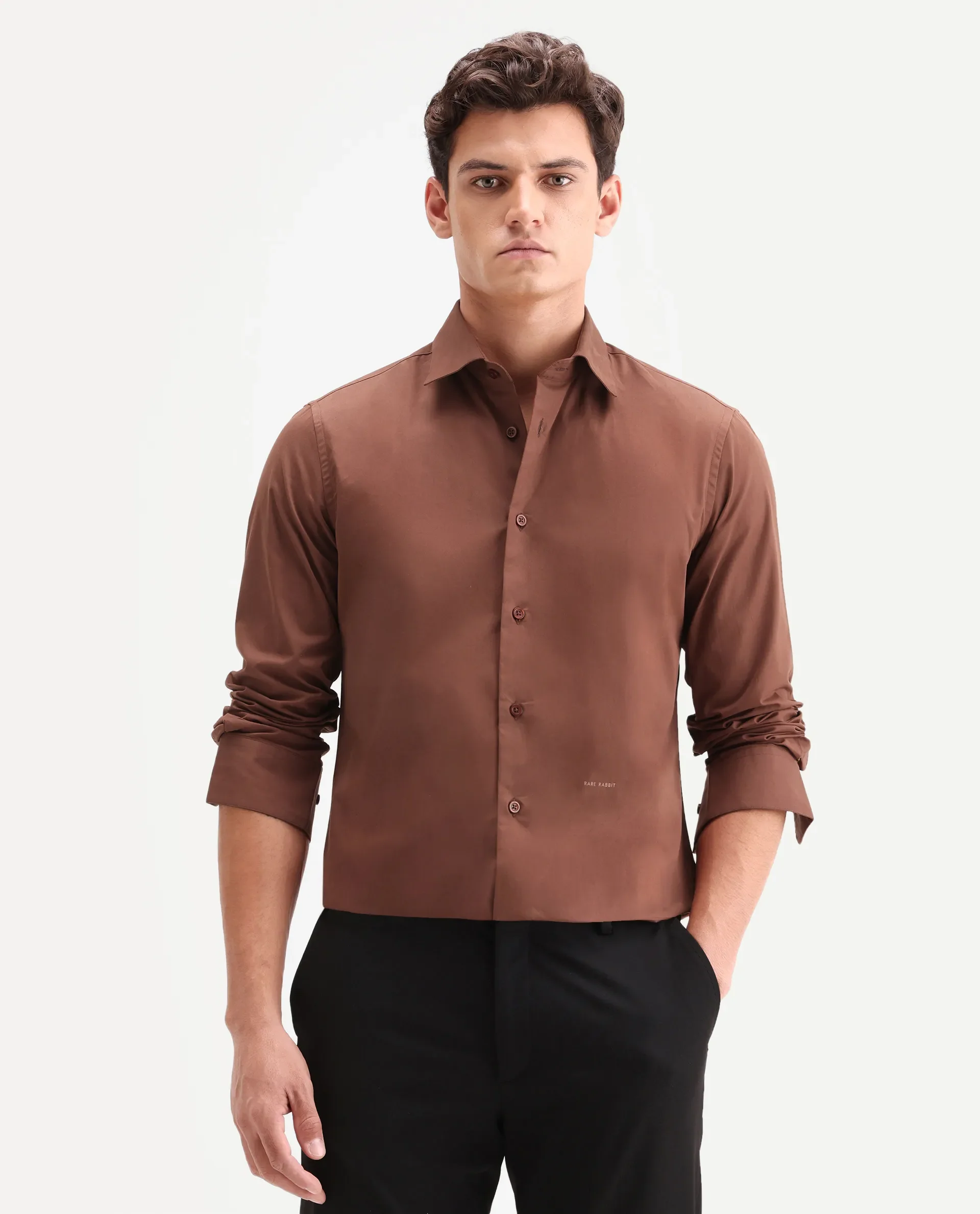 Rare Rabbit Men's Edro Rust Cotton Fabric Full Sleeve Collared Regular Fit Plain Shirt - Image 4