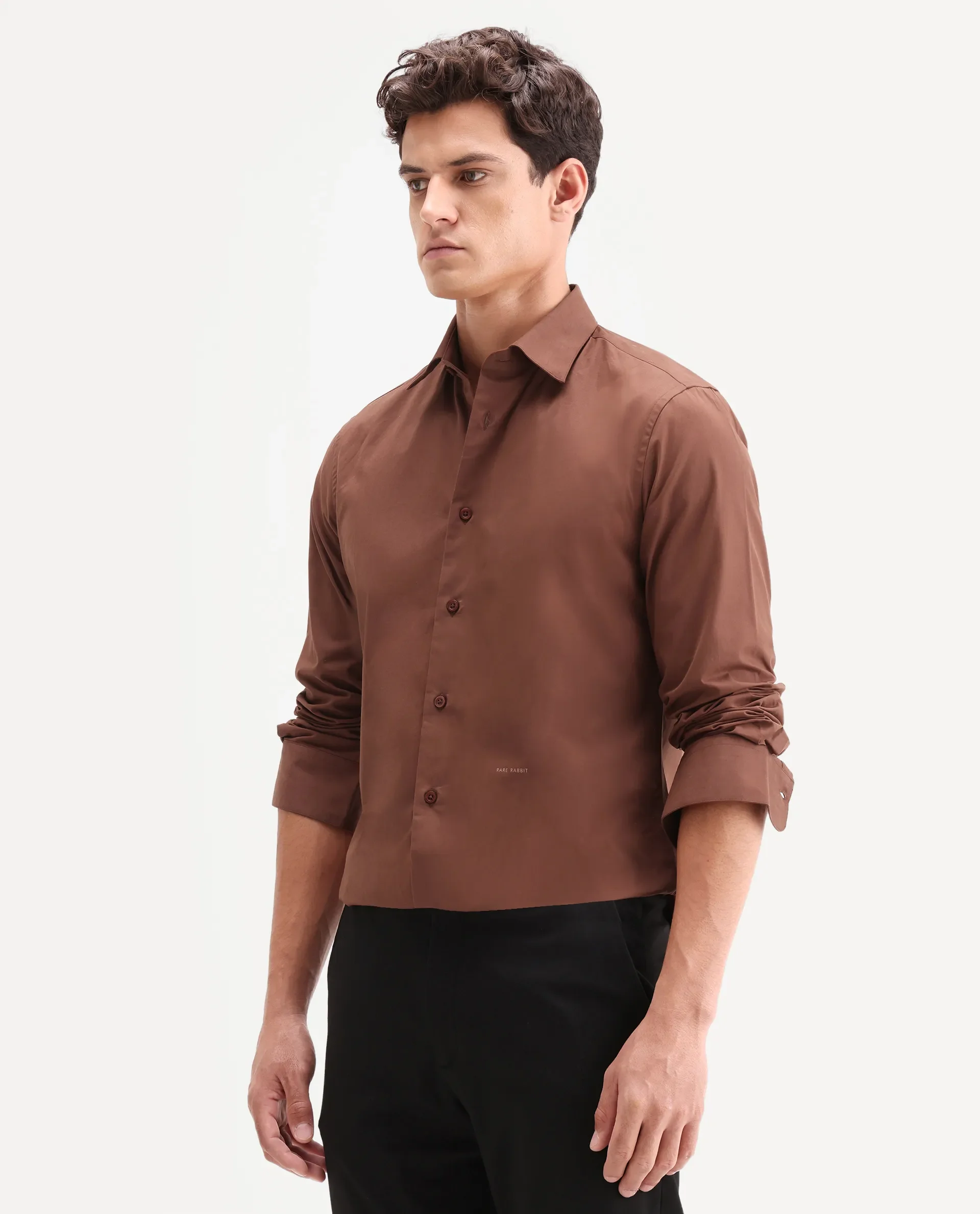 Rare Rabbit Men's Edro Rust Cotton Fabric Full Sleeve Collared Regular Fit Plain Shirt - Image 5