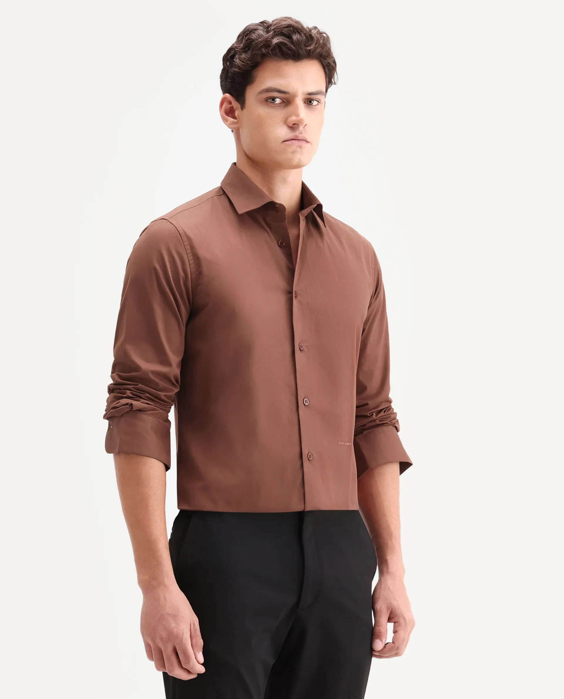 Rare Rabbit Men's Edro Rust Cotton Fabric Full Sleeve Collared Regular Fit Plain Shirt - Image 6
