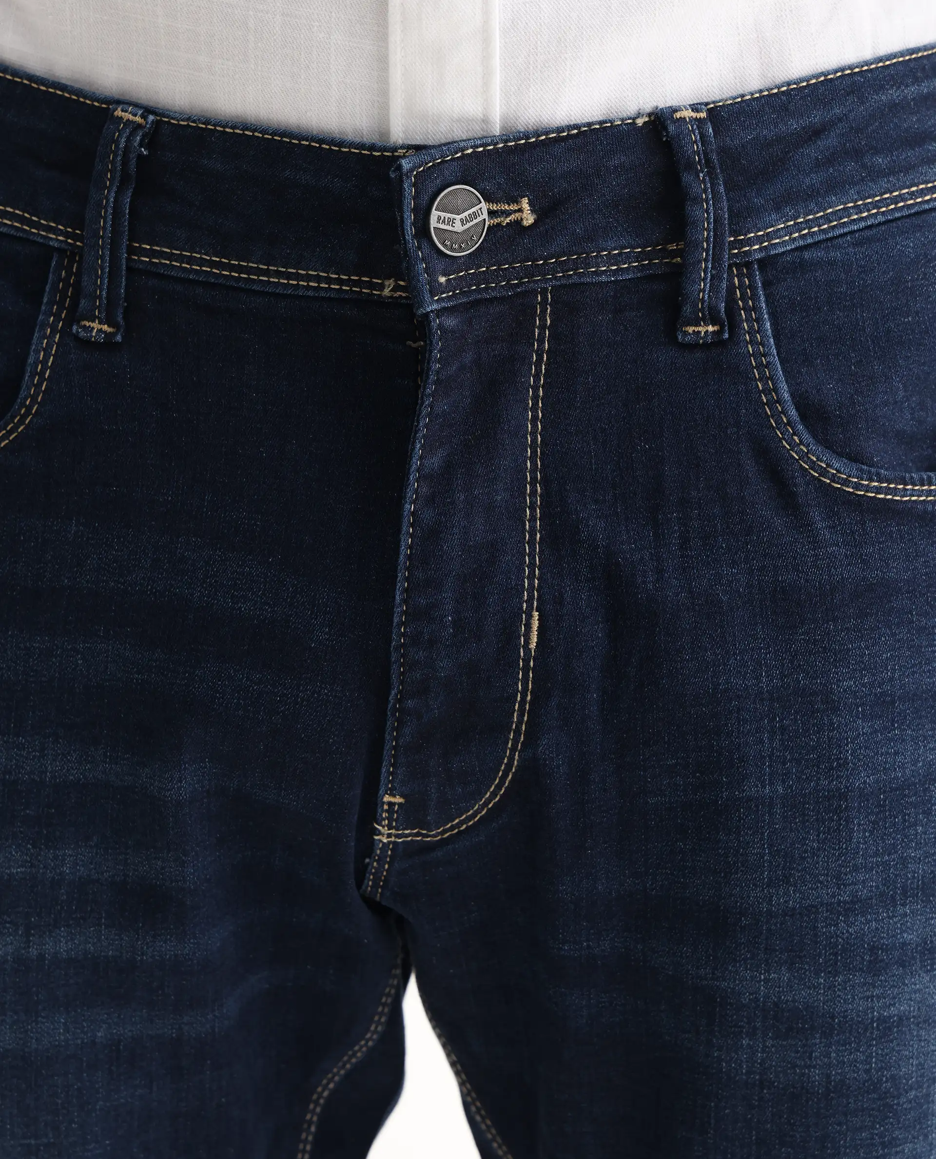 Rare Rabbit Men's Edwin Blue Cotton Plain Hawk Slim Fit Jeans - Image 4