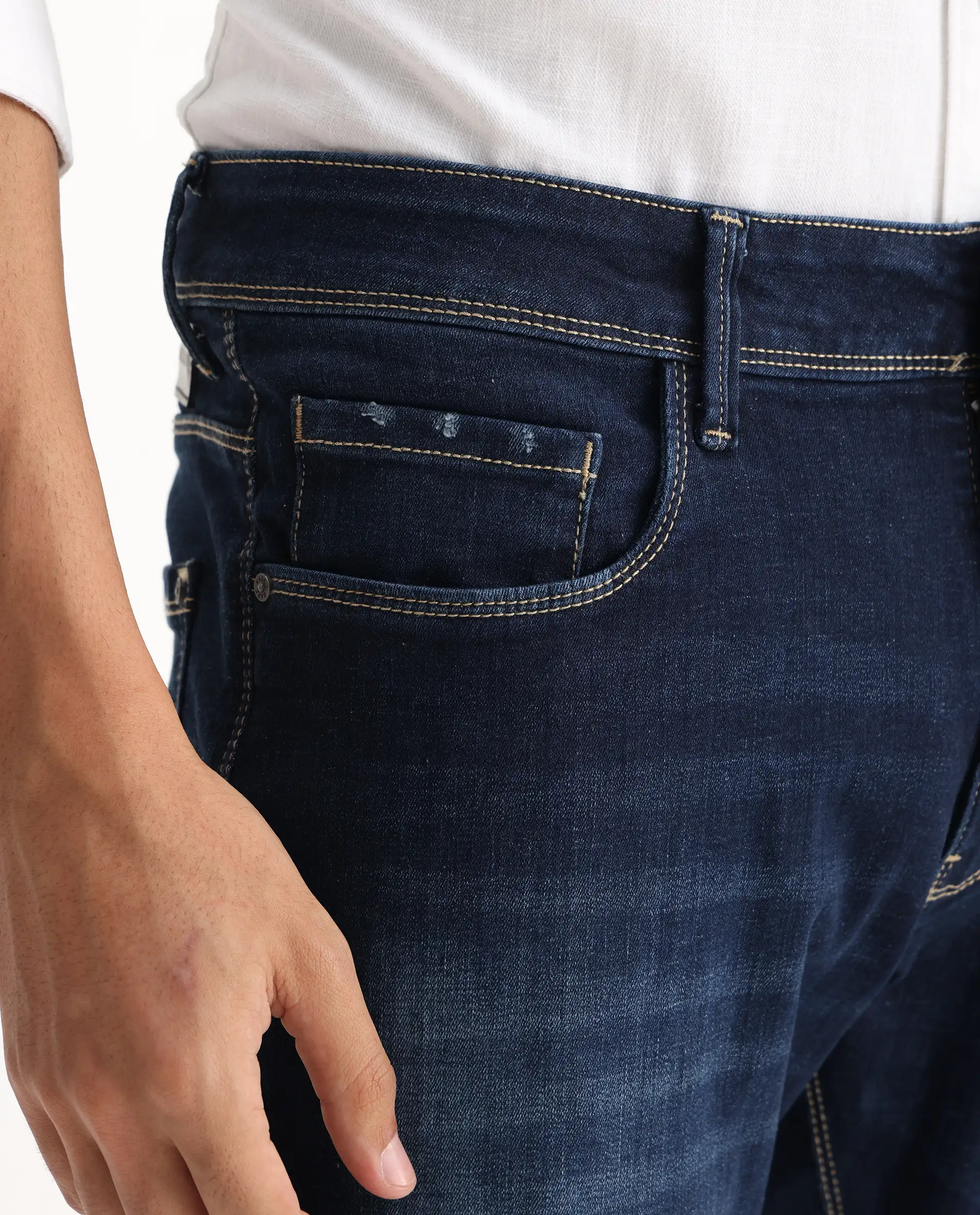 Rare Rabbit Men's Edwin Blue Cotton Plain Hawk Slim Fit Jeans - Image 7