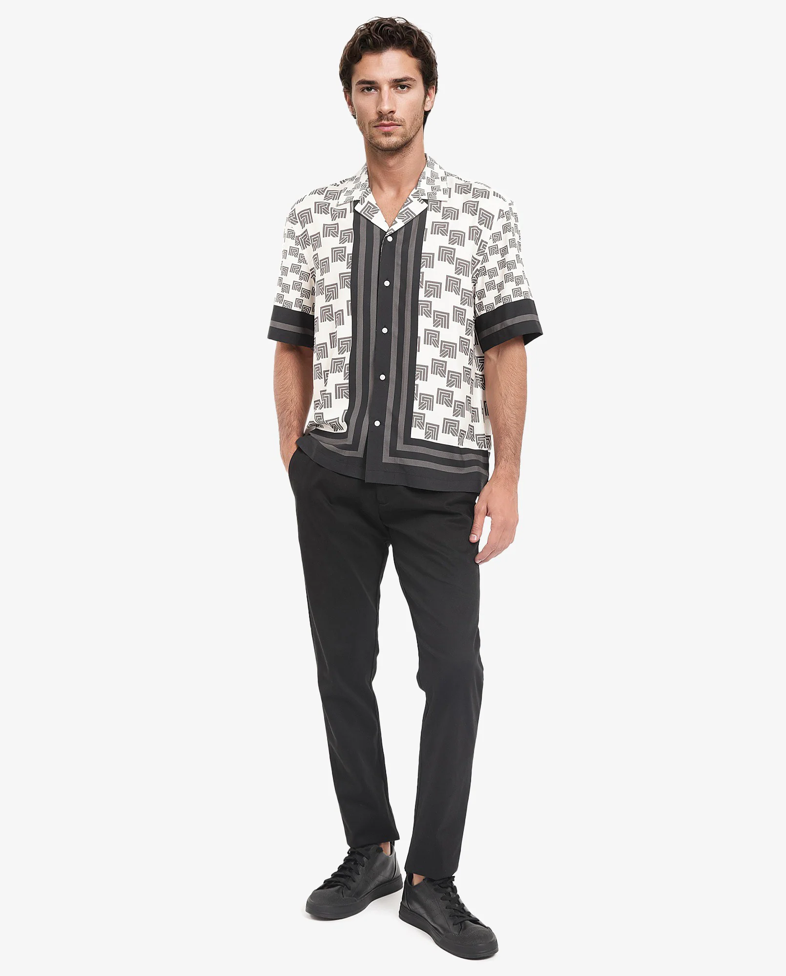 Rare Rabbit Men's Efi Off White Viscose Monogram Print Boxy Fit Half Sleeve Cuban Collar Shirt - Image 2