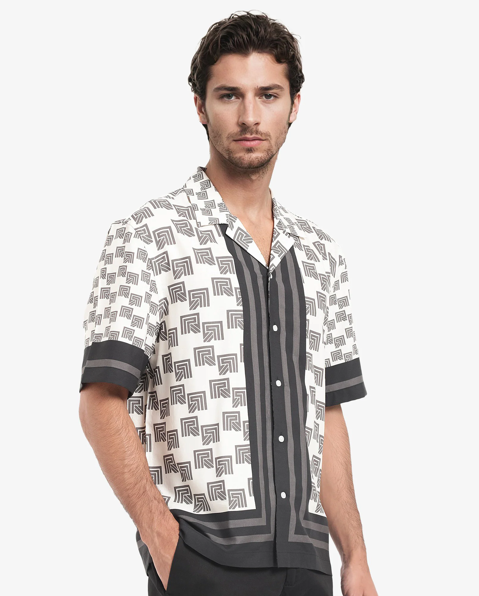 Rare Rabbit Men's Efi Off White Viscose Monogram Print Boxy Fit Half Sleeve Cuban Collar Shirt - Image 3