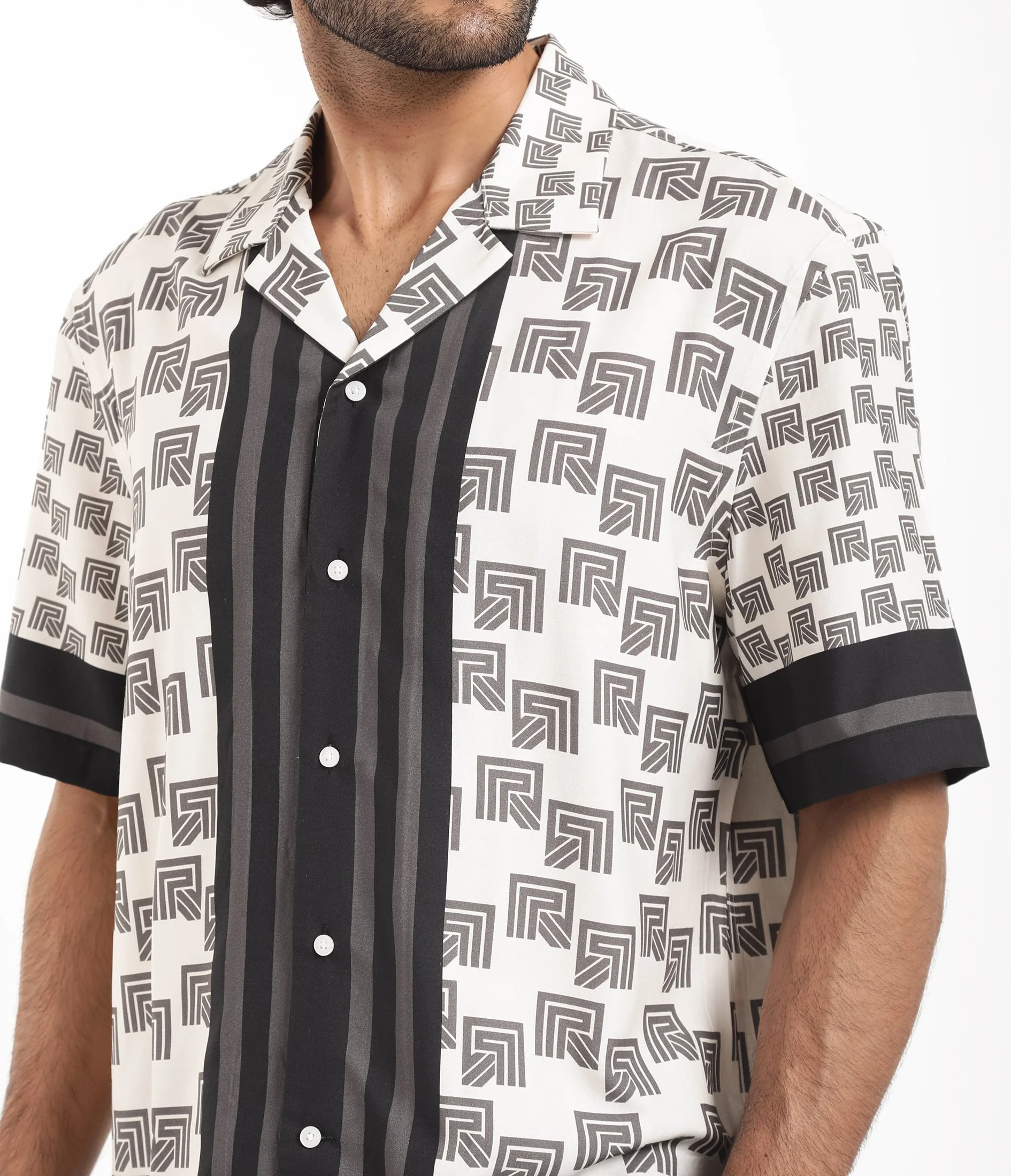 Rare Rabbit Men's Efi Off White Viscose Monogram Print Boxy Fit Half Sleeve Cuban Collar Shirt - Image 4