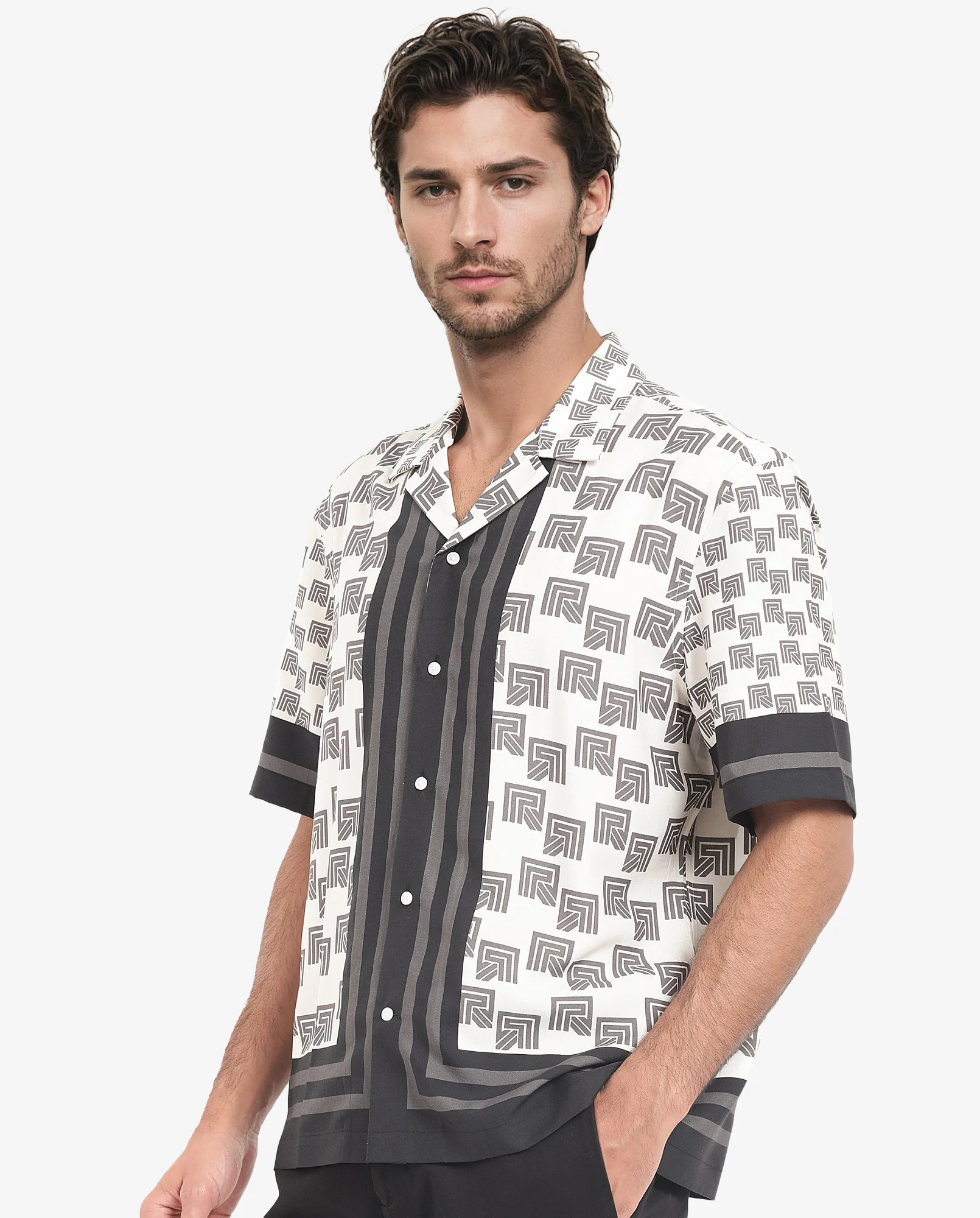 Rare Rabbit Men's Efi Off White Viscose Monogram Print Boxy Fit Half Sleeve Cuban Collar Shirt - Image 5