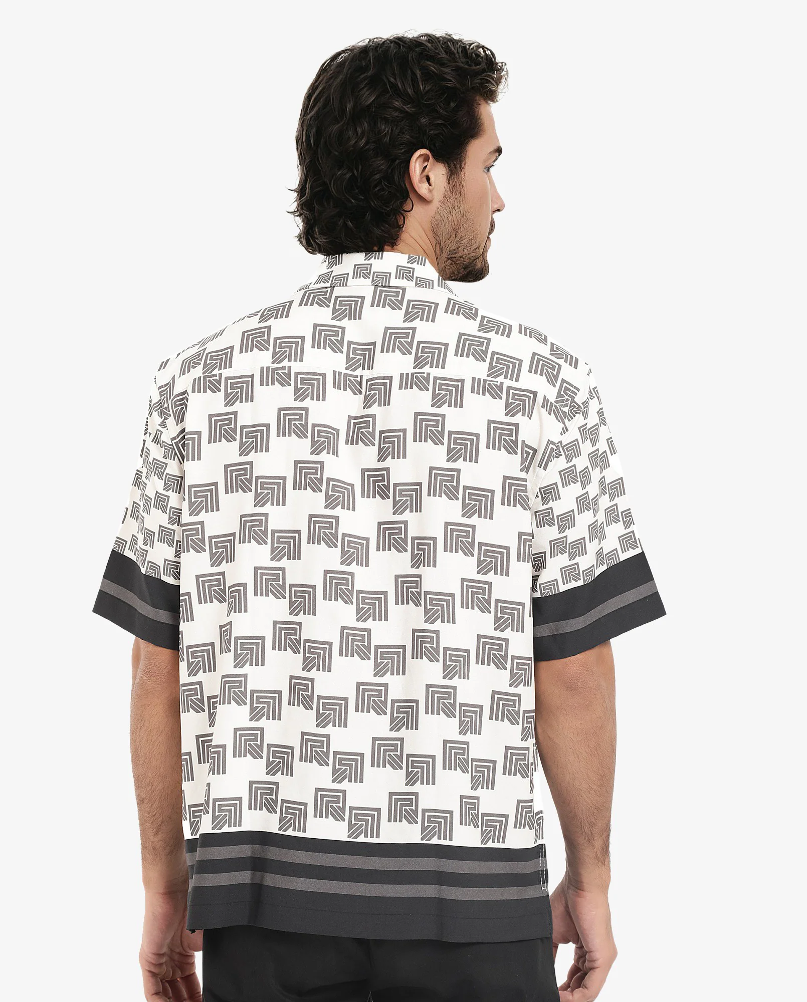 Rare Rabbit Men's Efi Off White Viscose Monogram Print Boxy Fit Half Sleeve Cuban Collar Shirt - Image 6