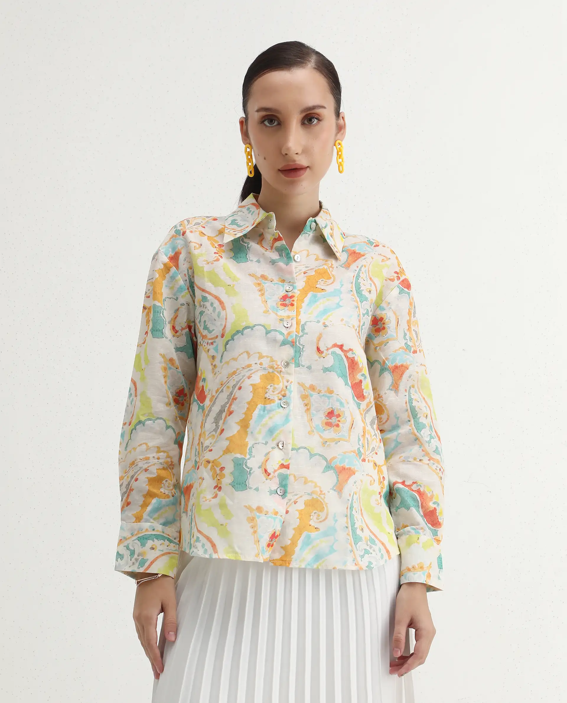 Rareism Women's Egor Flouroscent Multi Cotton Drop Collar Paisley Print Cuffed Sleeve Regular Fit Top - Image 2