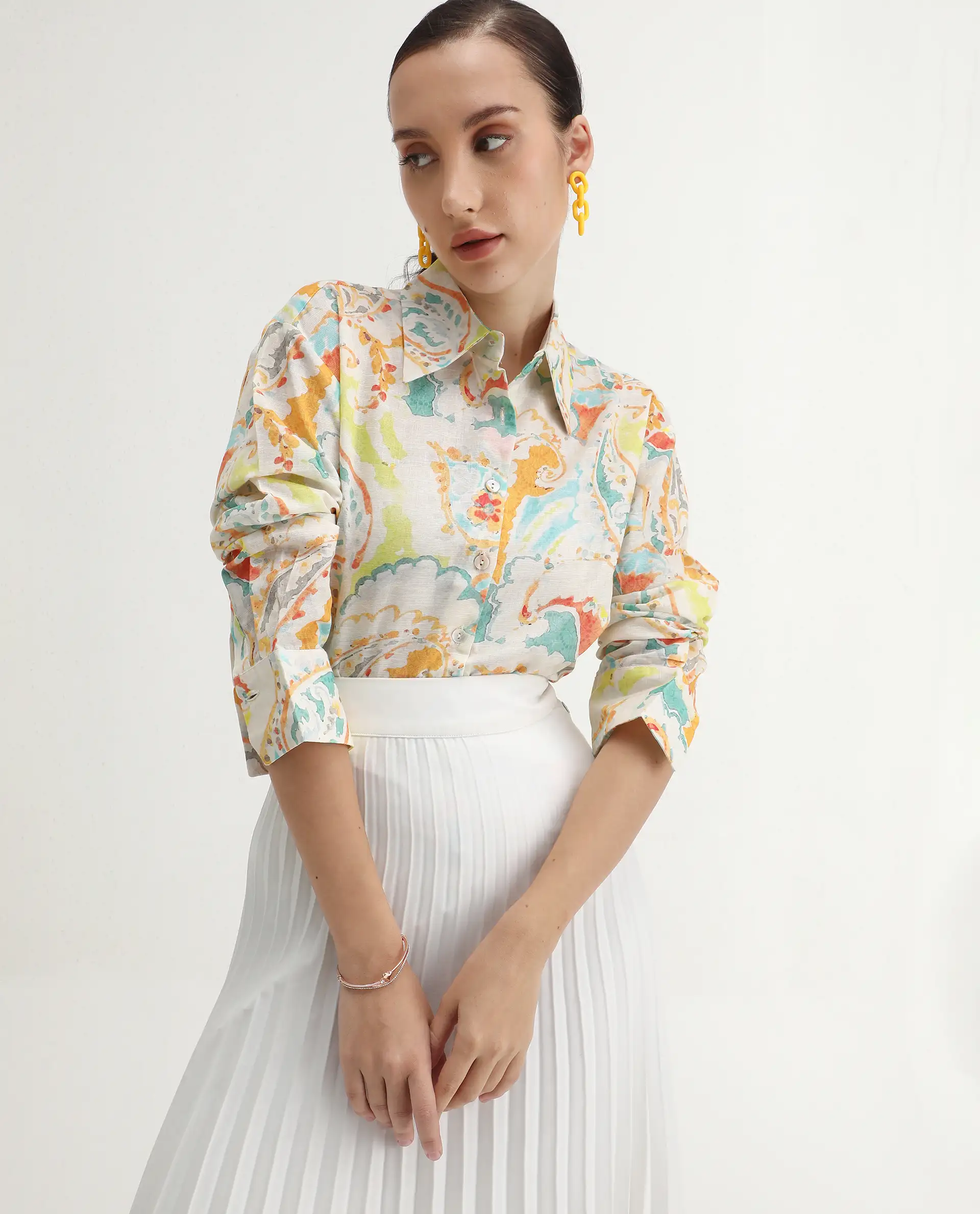 Rareism Women's Egor Flouroscent Multi Cotton Drop Collar Paisley Print Cuffed Sleeve Regular Fit Top - Image 3