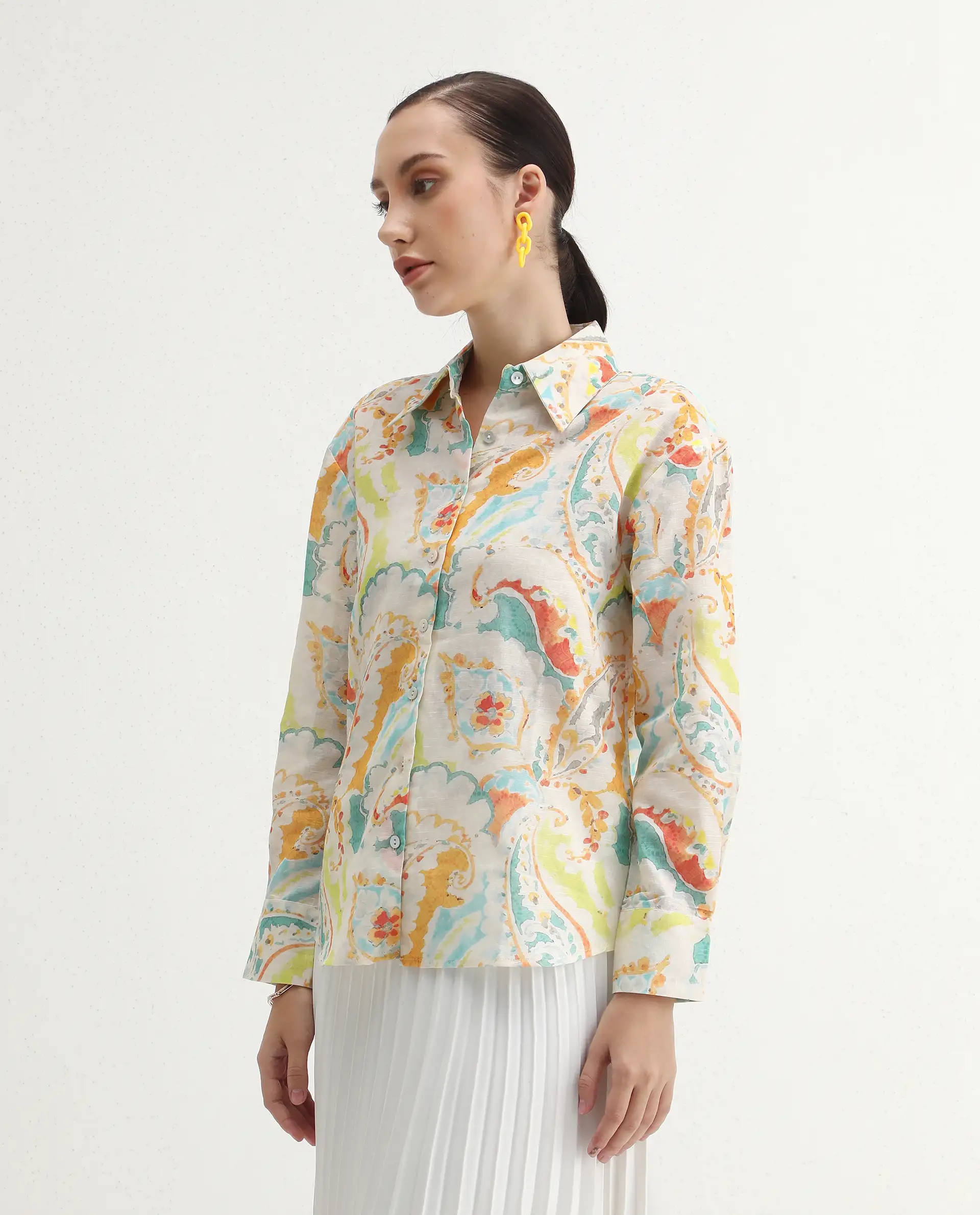 Rareism Women's Egor Flouroscent Multi Cotton Drop Collar Paisley Print Cuffed Sleeve Regular Fit Top - Image 4