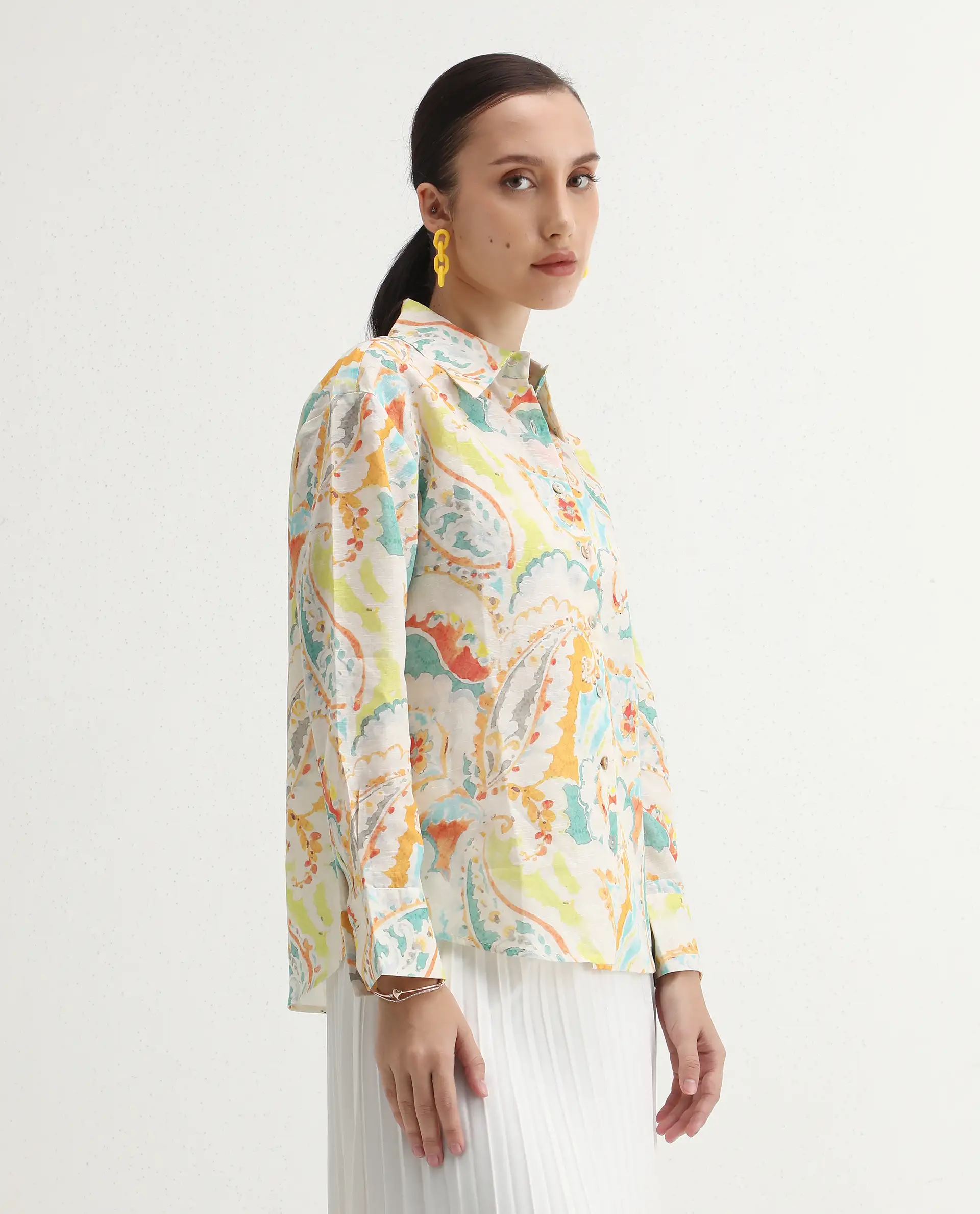 Rareism Women's Egor Flouroscent Multi Cotton Drop Collar Paisley Print Cuffed Sleeve Regular Fit Top - Image 5