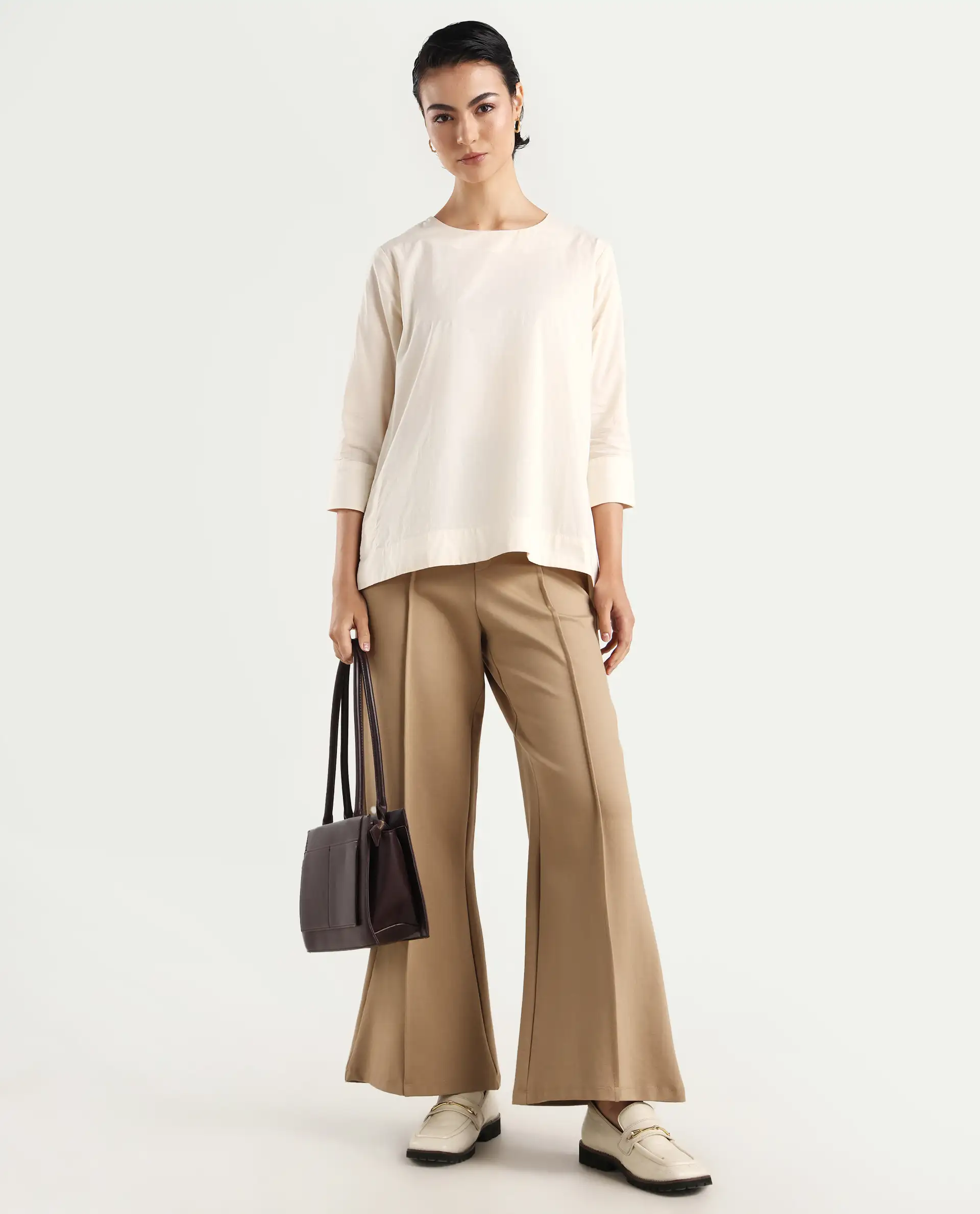 Rareism Women's Ehaan Beige Crew Neck Plain Cuffed Sleeve Regular Fit Top - Image 2