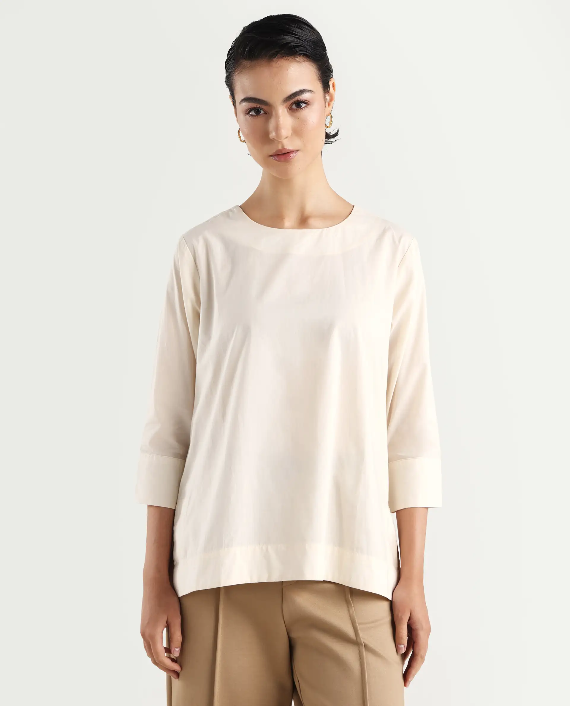 Rareism Women's Ehaan Beige Crew Neck Plain Cuffed Sleeve Regular Fit Top - Image 3