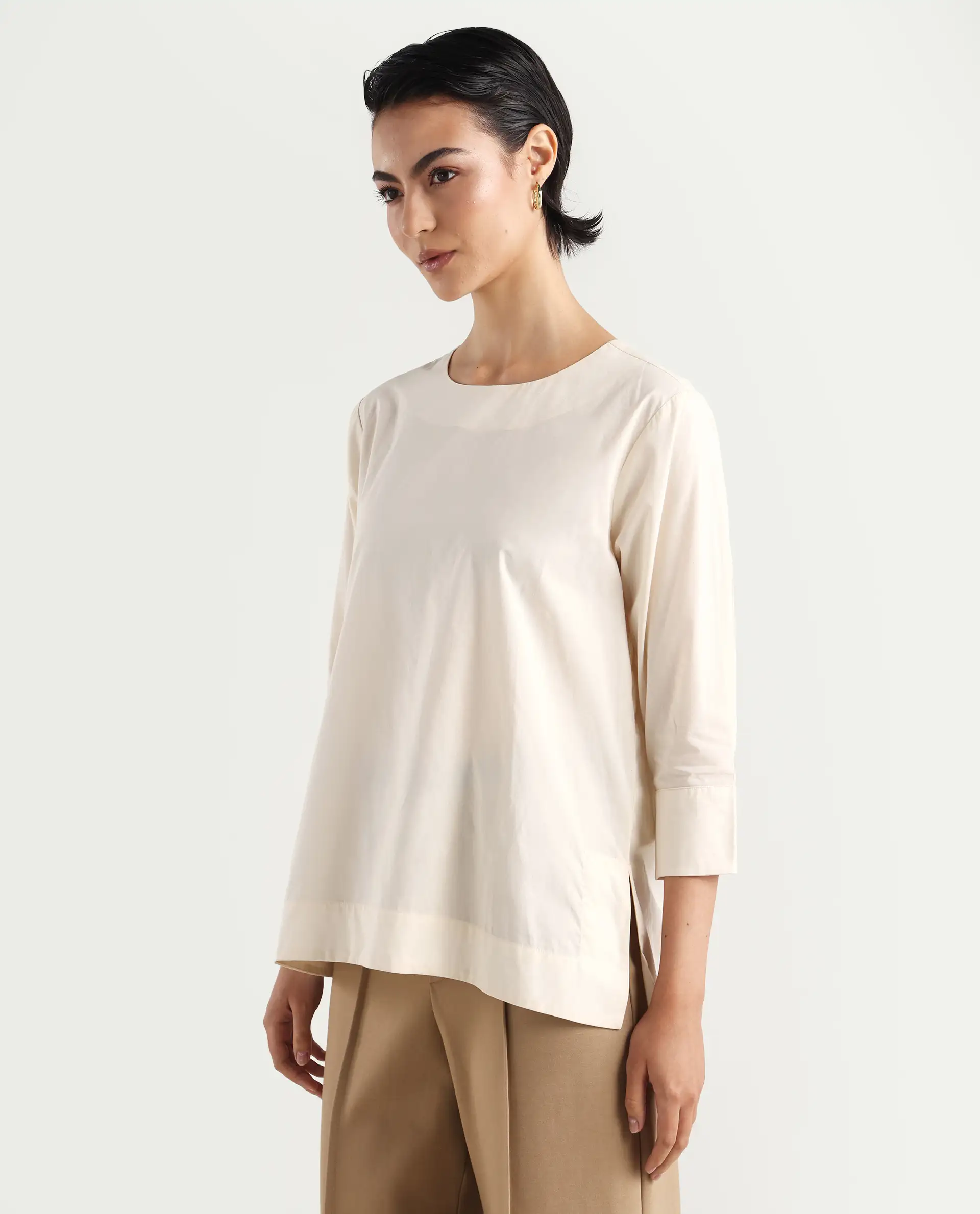 Rareism Women's Ehaan Beige Crew Neck Plain Cuffed Sleeve Regular Fit Top - Image 6