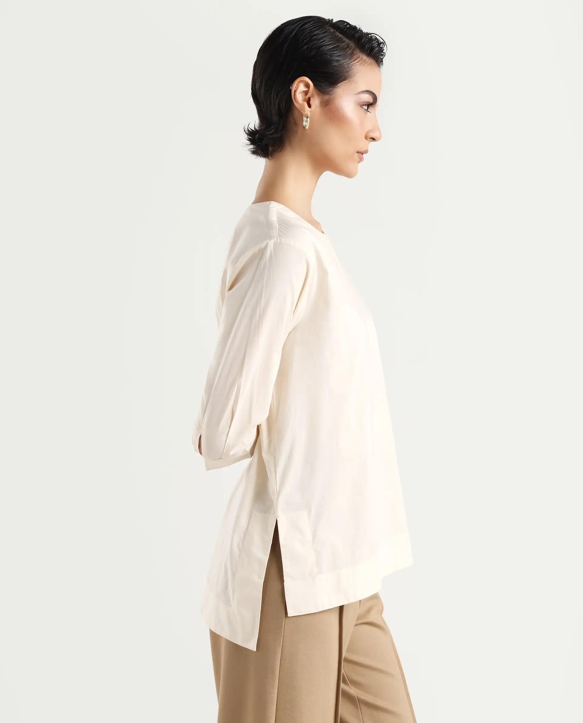 Rareism Women's Ehaan Beige Crew Neck Plain Cuffed Sleeve Regular Fit Top - Image 7