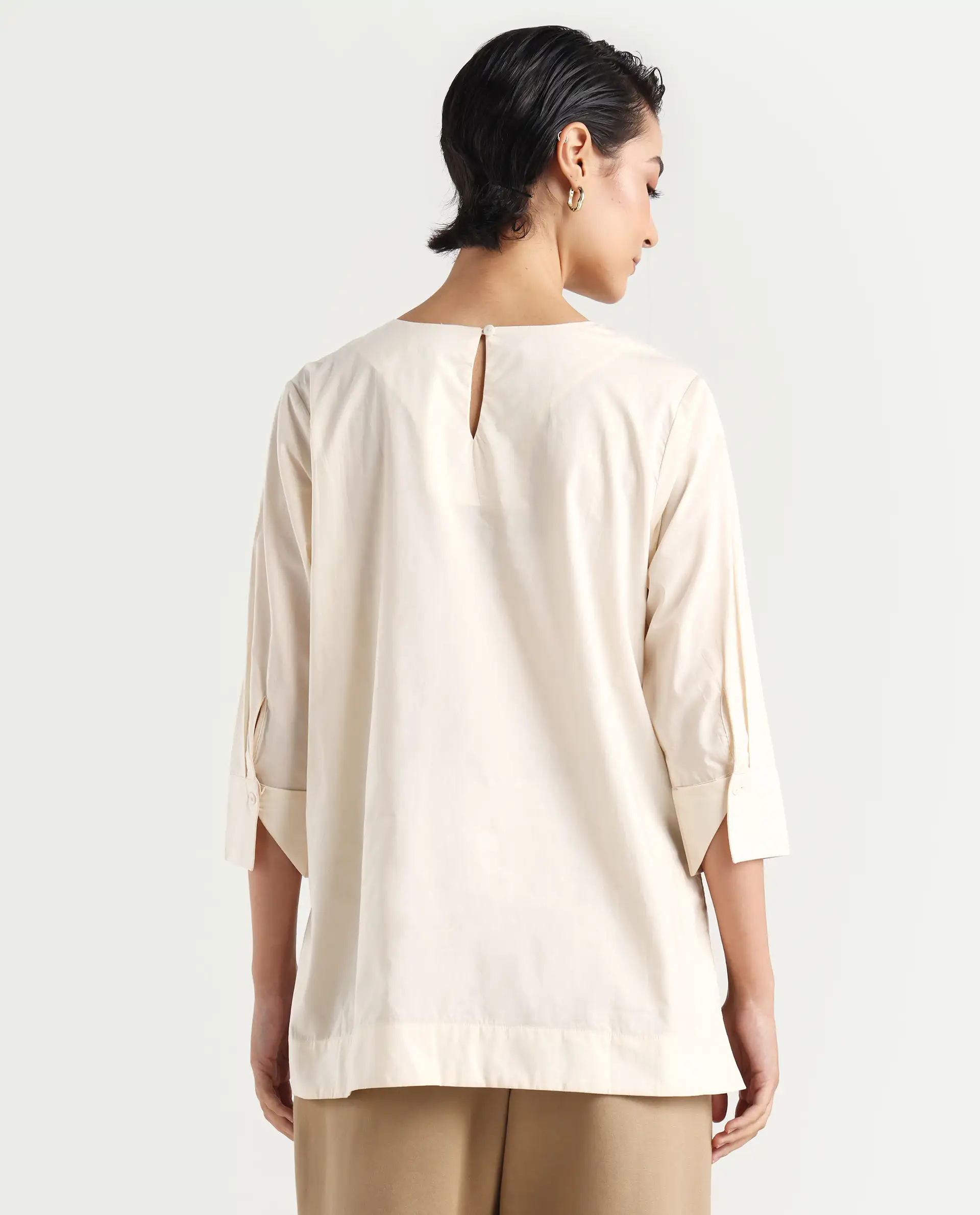 Rareism Women's Ehaan Beige Crew Neck Plain Cuffed Sleeve Regular Fit Top - Image 8