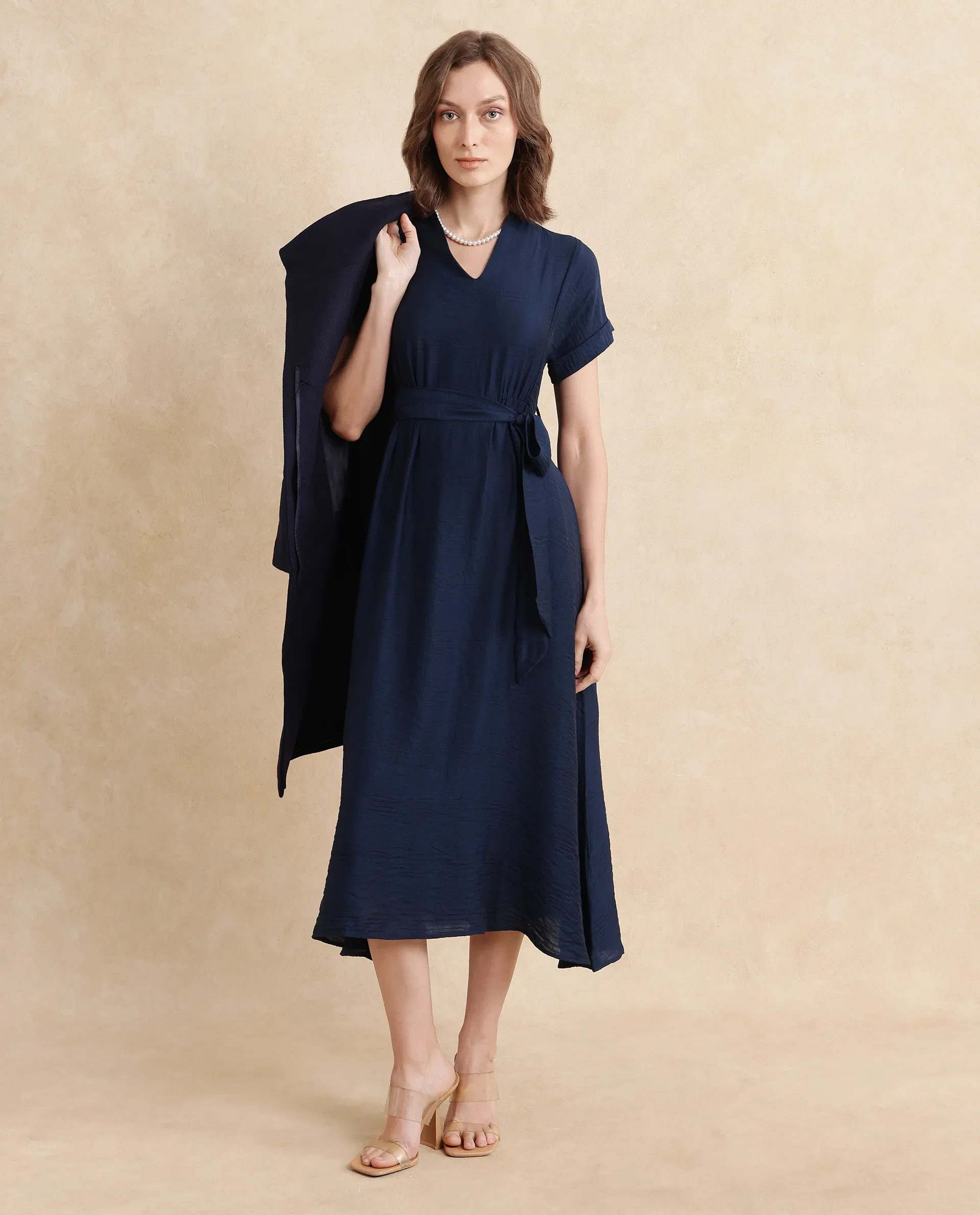 Rareism Women's Ehlum Navy Polyester V-Neck Plain Extended Sleeves Midi Regular Fit Dress