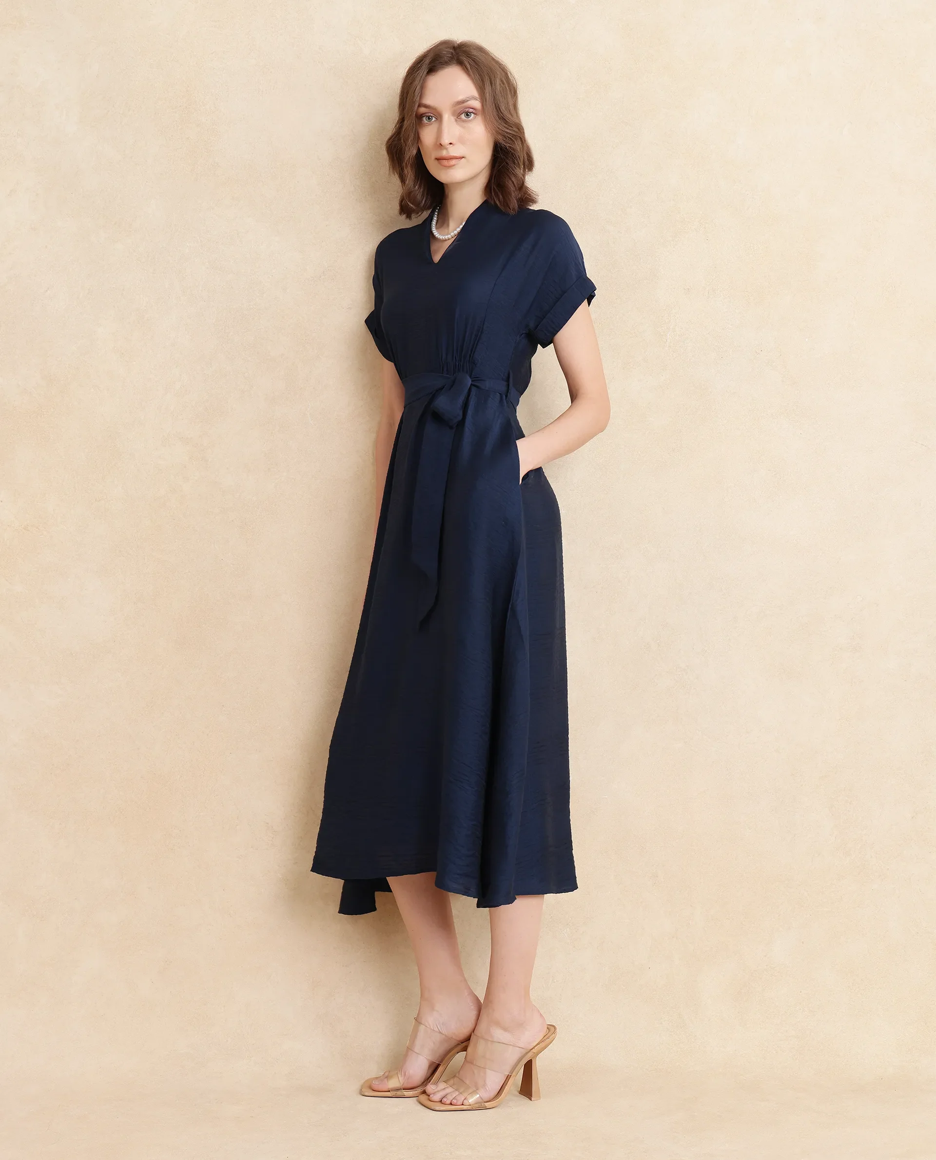 Rareism Women's Ehlum Navy Polyester V-Neck Plain Extended Sleeves Midi Regular Fit Dress - Image 10