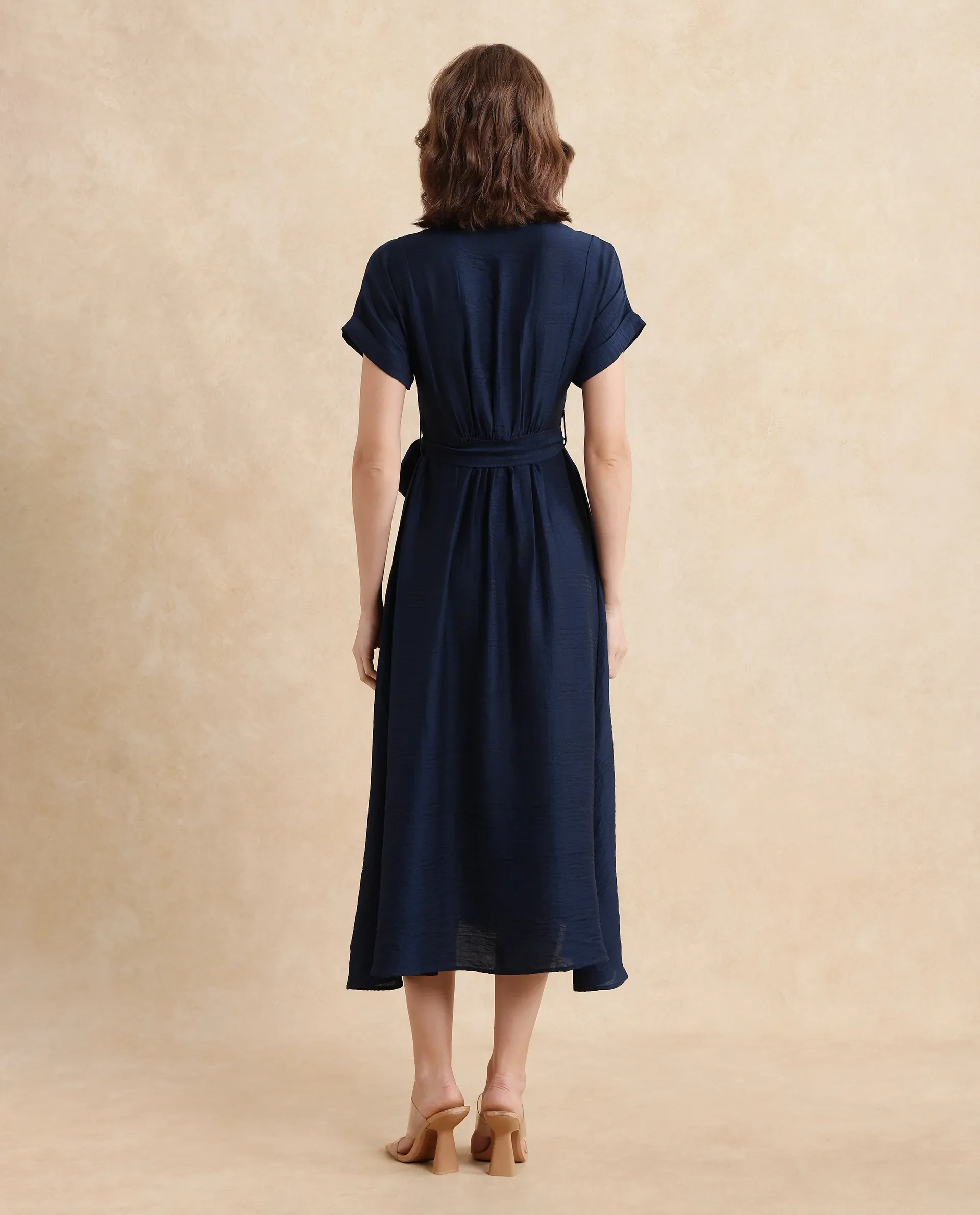 Rareism Women's Ehlum Navy Polyester V-Neck Plain Extended Sleeves Midi Regular Fit Dress - Image 11