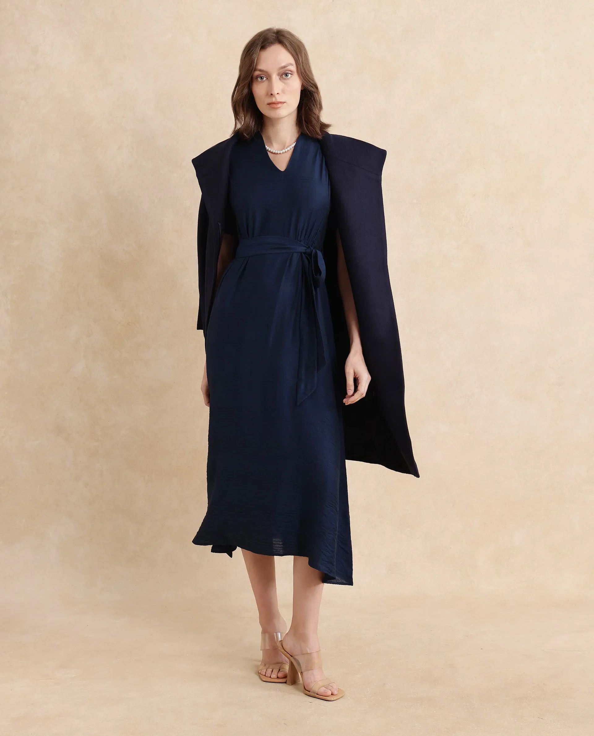 Rareism Women's Ehlum Navy Polyester V-Neck Plain Extended Sleeves Midi Regular Fit Dress - Image 2