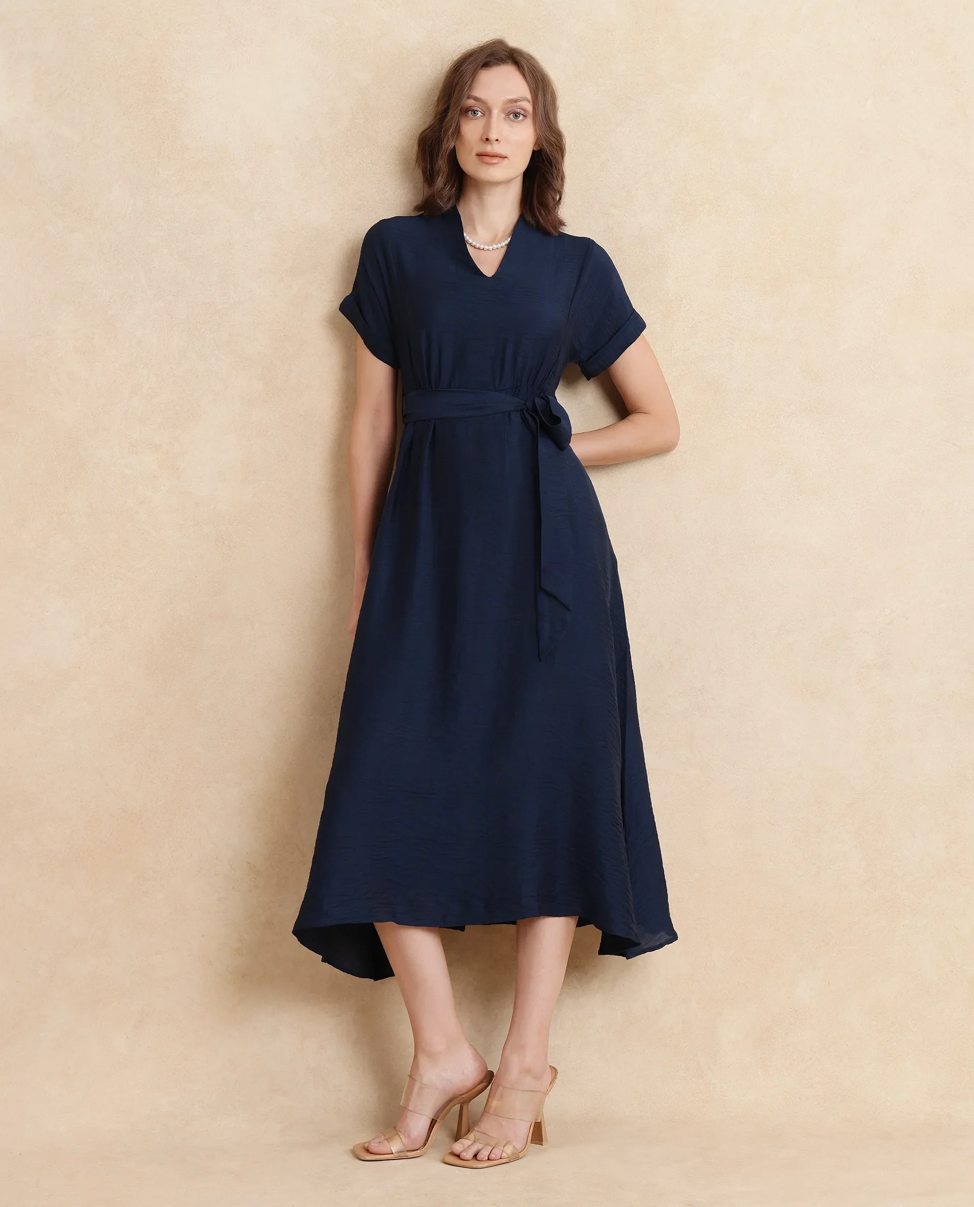 Rareism Women's Ehlum Navy Polyester V-Neck Plain Extended Sleeves Midi Regular Fit Dress - Image 3