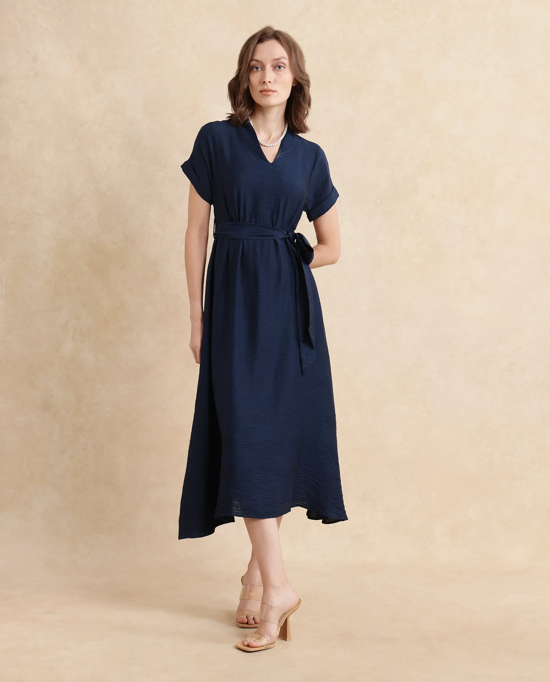 Rareism Women's Ehlum Navy Polyester V-Neck Plain Extended Sleeves Midi Regular Fit Dress - Image 4