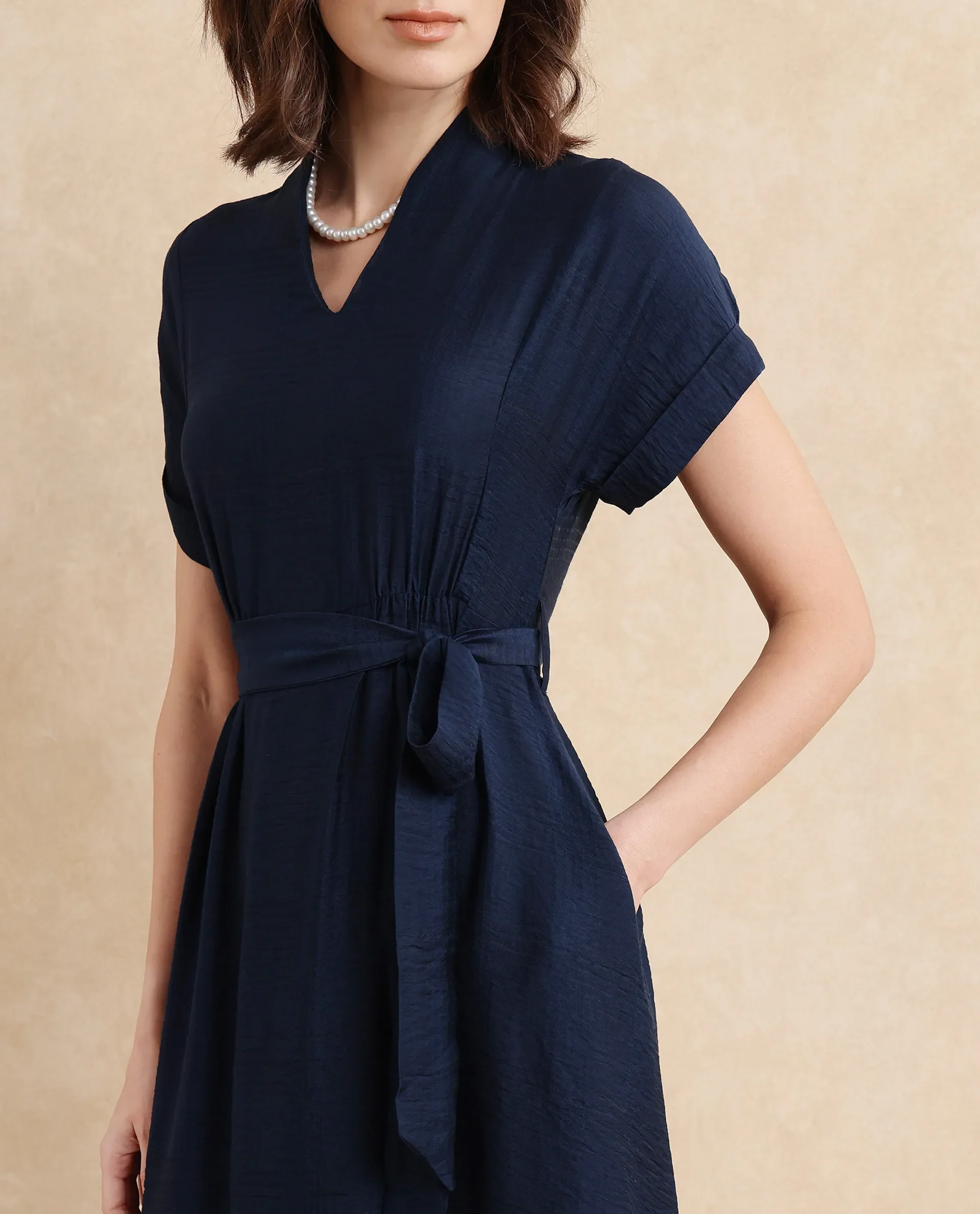 Rareism Women's Ehlum Navy Polyester V-Neck Plain Extended Sleeves Midi Regular Fit Dress - Image 5