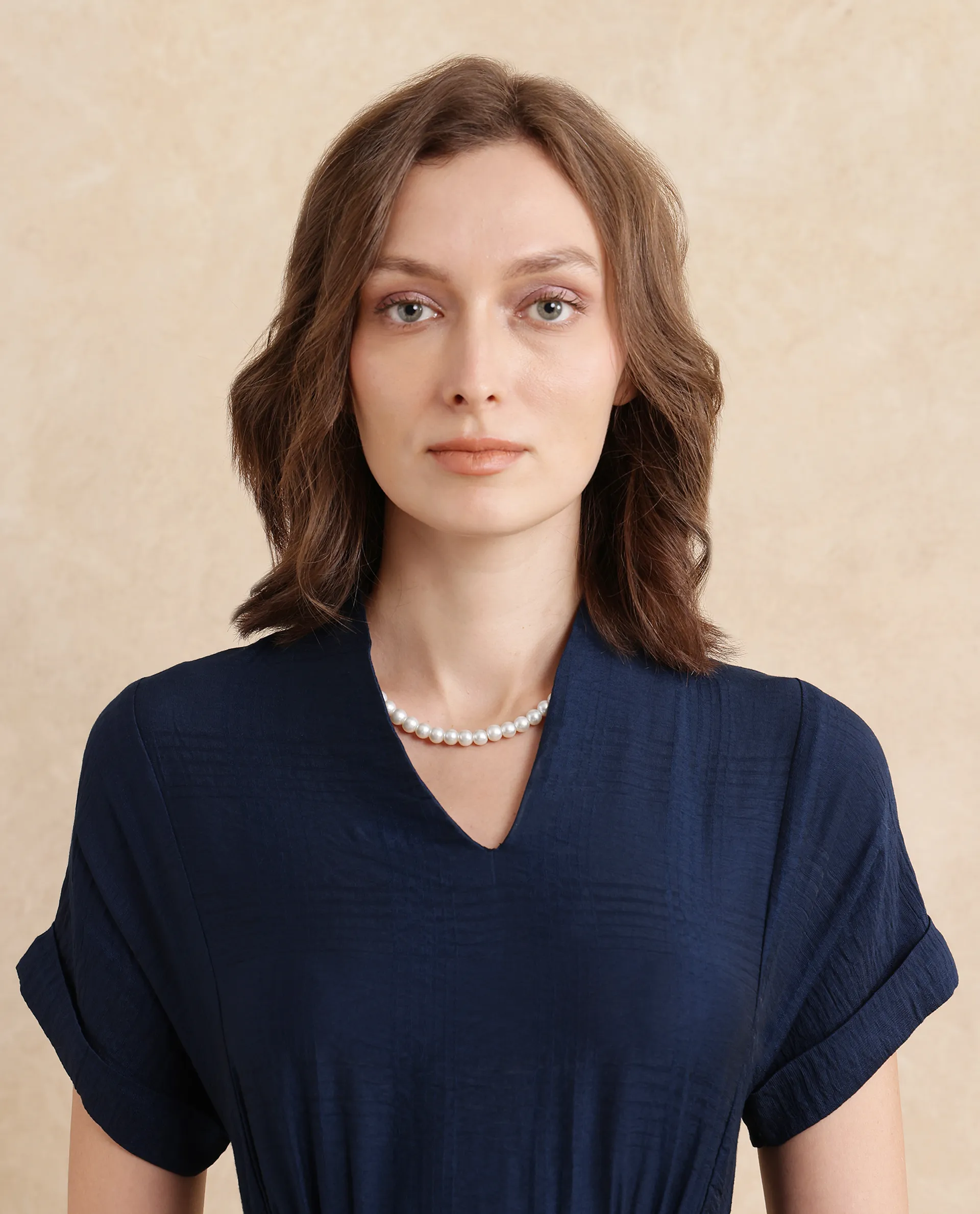 Rareism Women's Ehlum Navy Polyester V-Neck Plain Extended Sleeves Midi Regular Fit Dress - Image 6