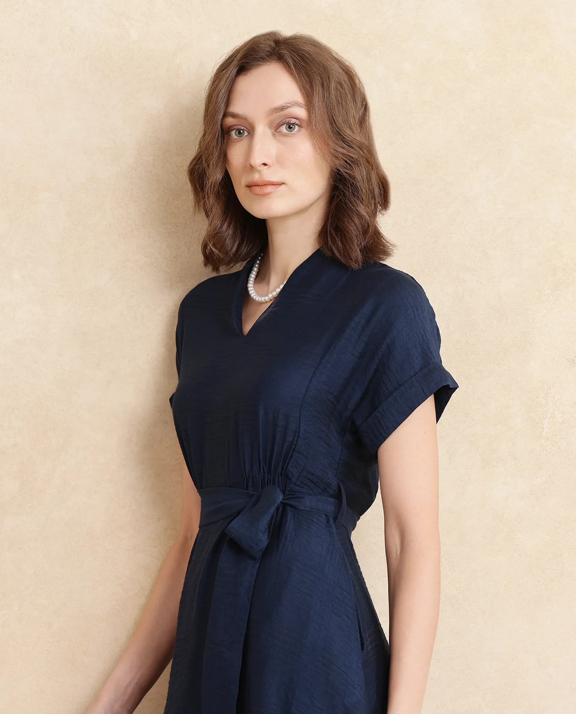 Rareism Women's Ehlum Navy Polyester V-Neck Plain Extended Sleeves Midi Regular Fit Dress - Image 7