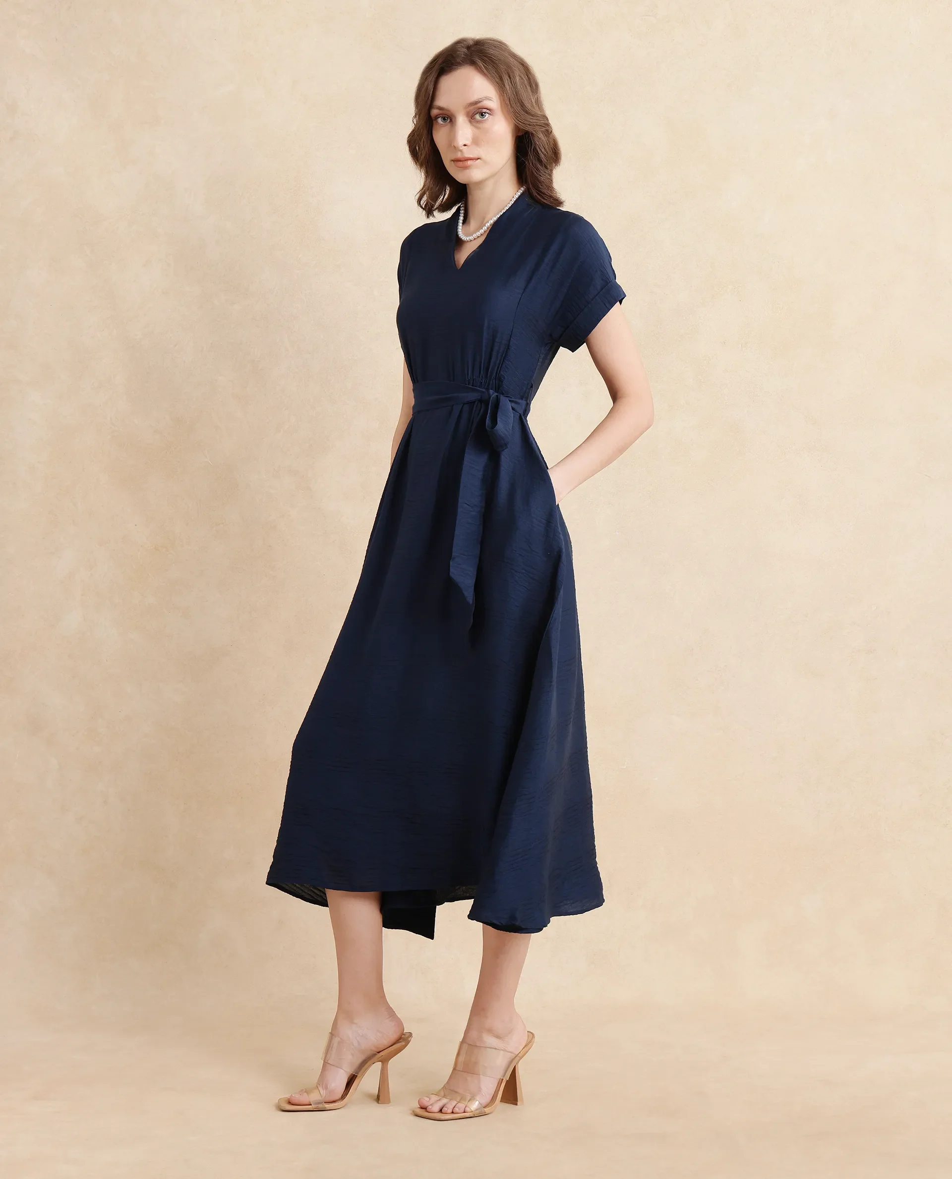 Rareism Women's Ehlum Navy Polyester V-Neck Plain Extended Sleeves Midi Regular Fit Dress - Image 8