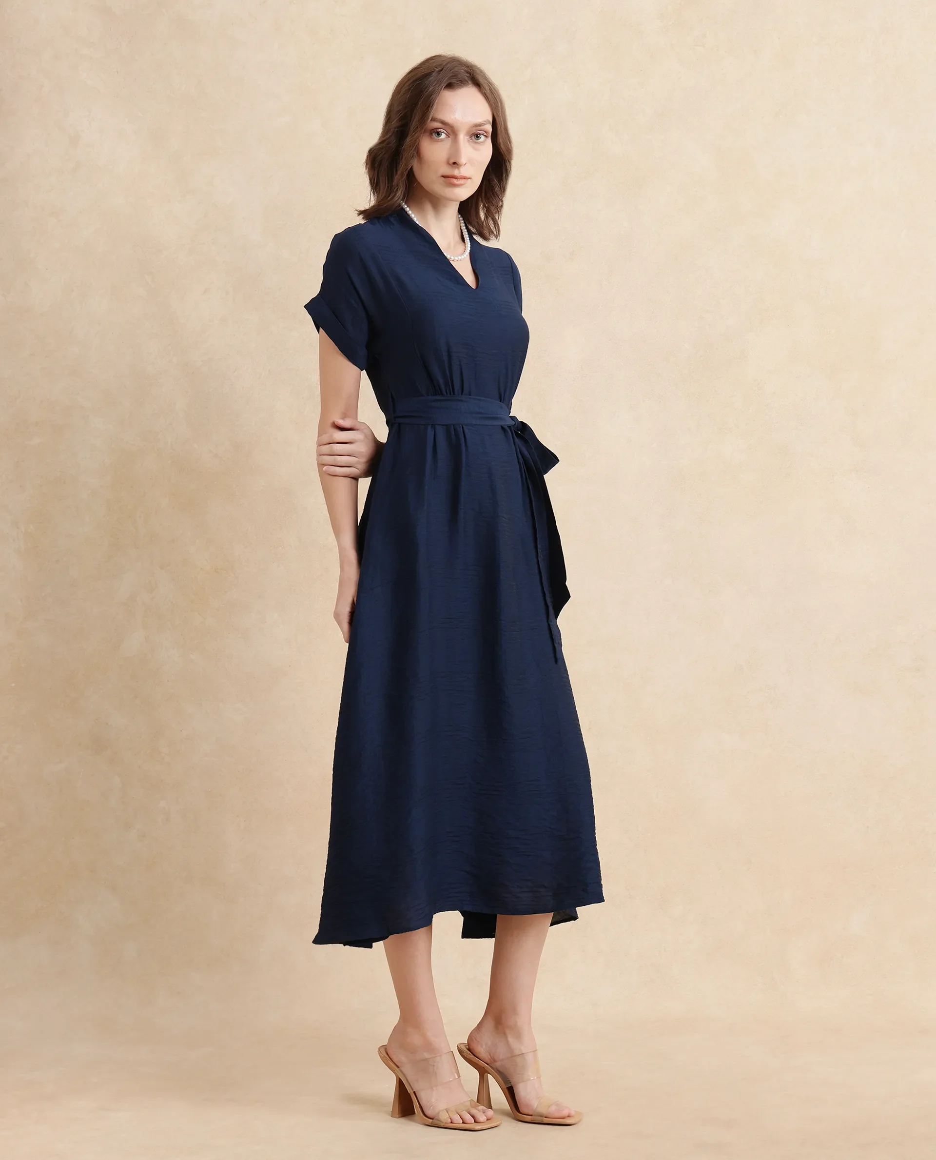 Rareism Women's Ehlum Navy Polyester V-Neck Plain Extended Sleeves Midi Regular Fit Dress - Image 9