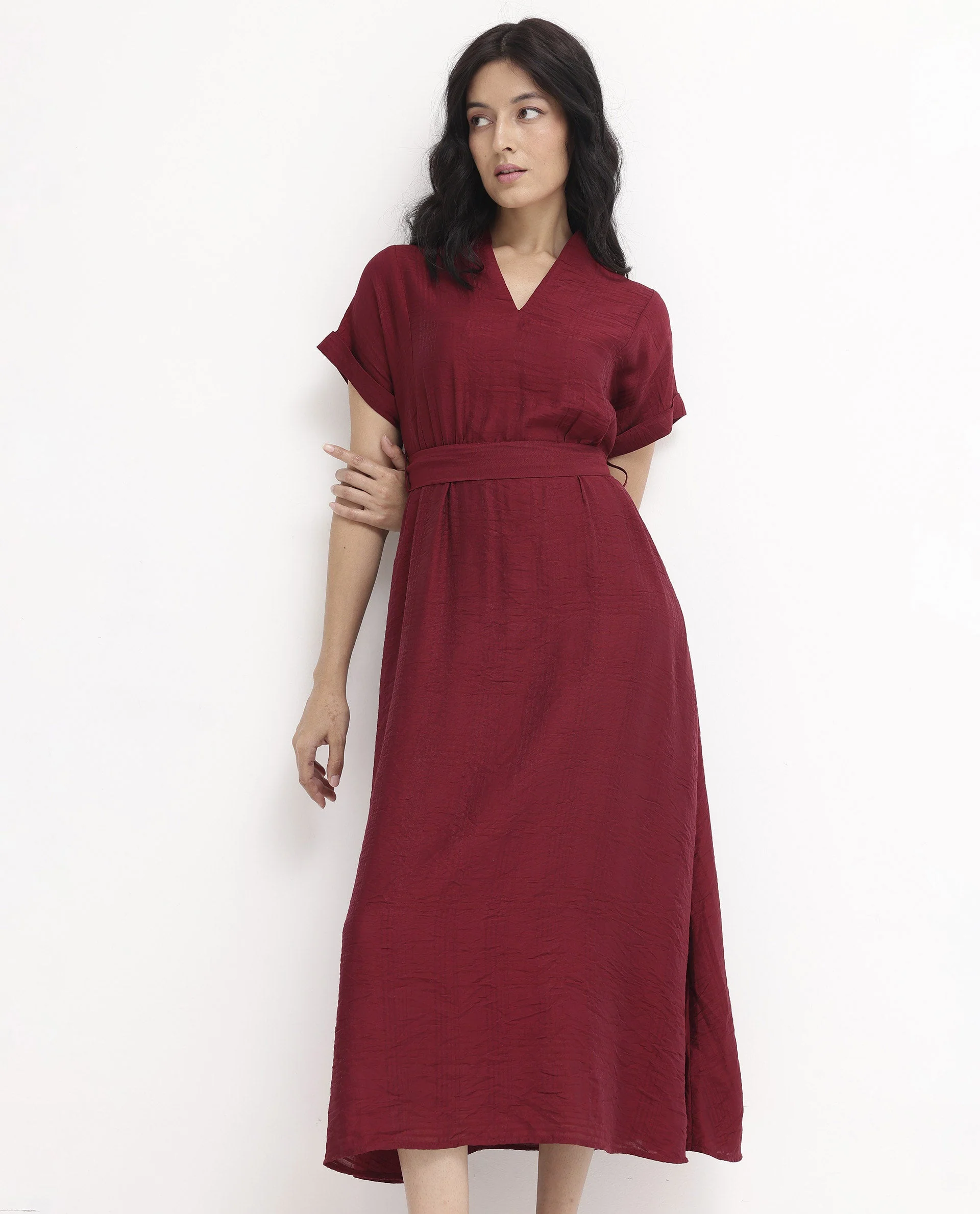 Rareism Women's Ehlum Red V-Neck Plain Extended Sleeves Maxi Regular Fit Dress