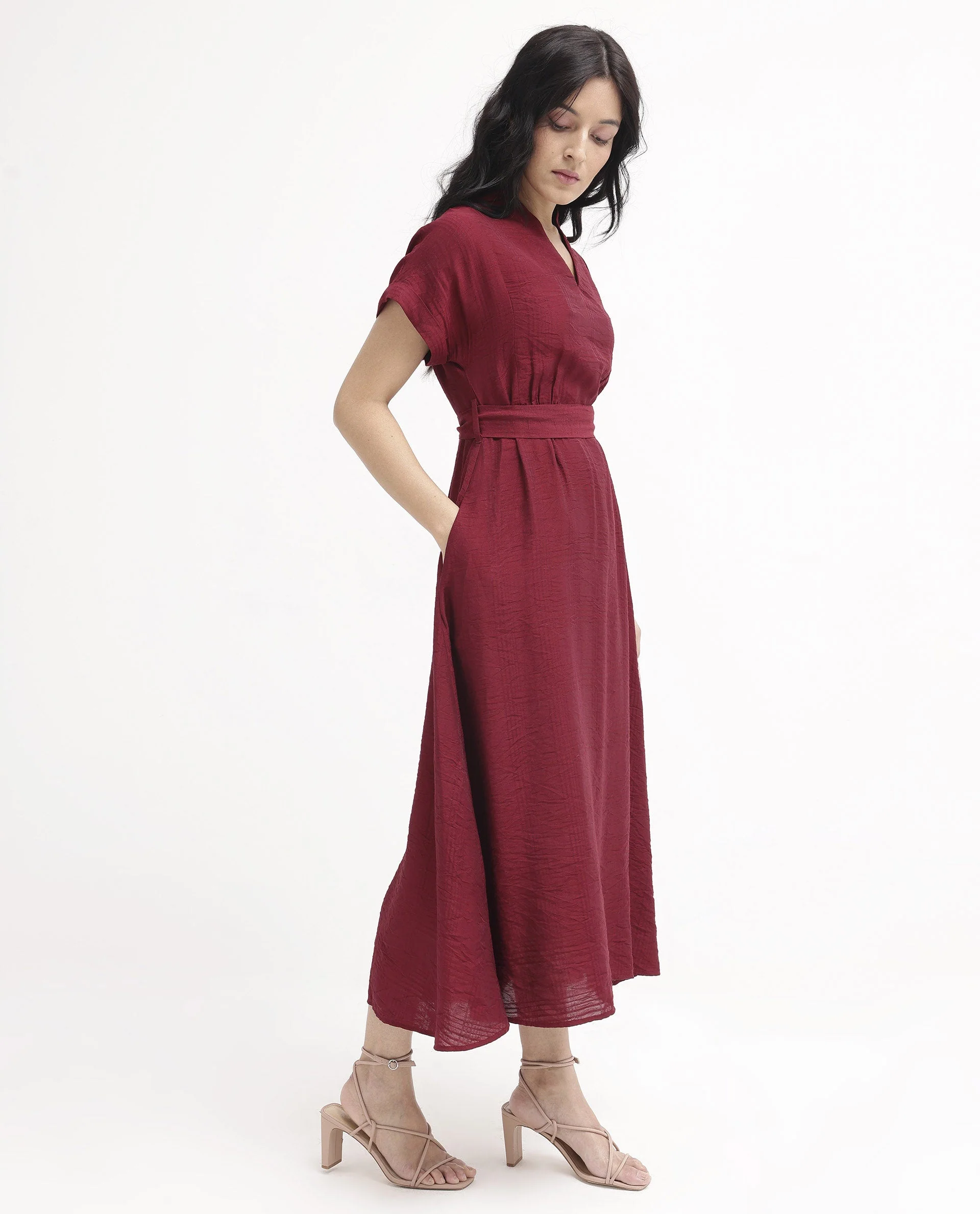 Rareism Women's Ehlum Red V-Neck Plain Extended Sleeves Maxi Regular Fit Dress - Image 4
