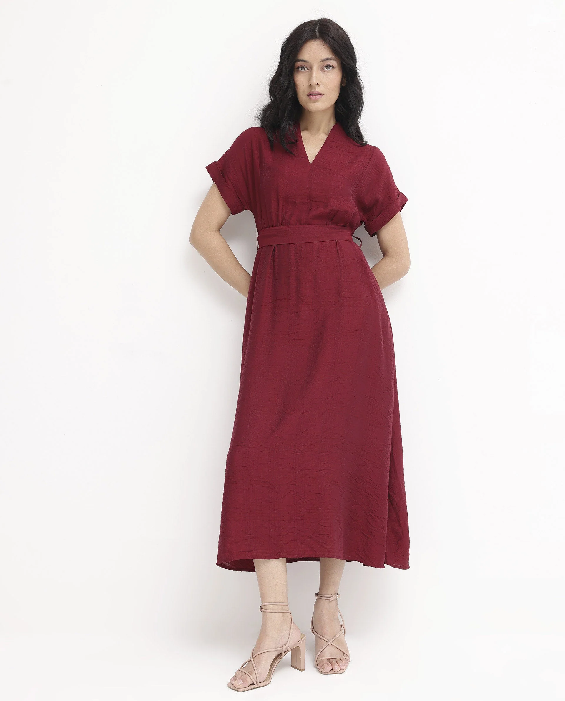 Rareism Women's Ehlum Red V-Neck Plain Extended Sleeves Maxi Regular Fit Dress - Image 6
