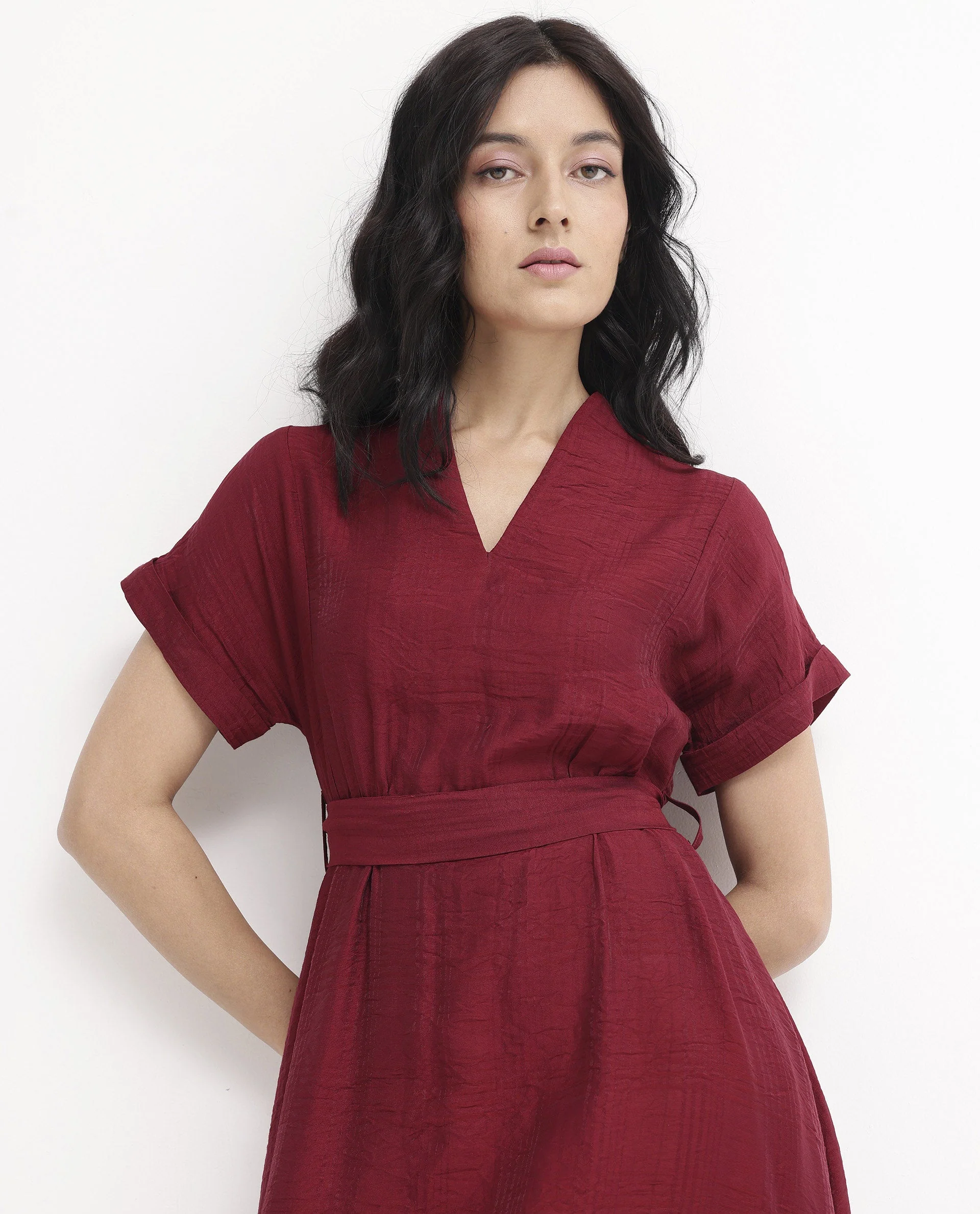 Rareism Women's Ehlum Red V-Neck Plain Extended Sleeves Maxi Regular Fit Dress - Image 7