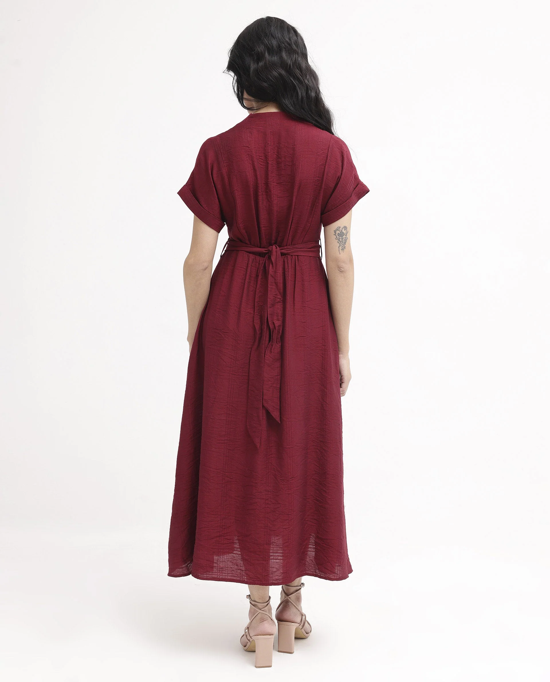 Rareism Women's Ehlum Red V-Neck Plain Extended Sleeves Maxi Regular Fit Dress - Image 8