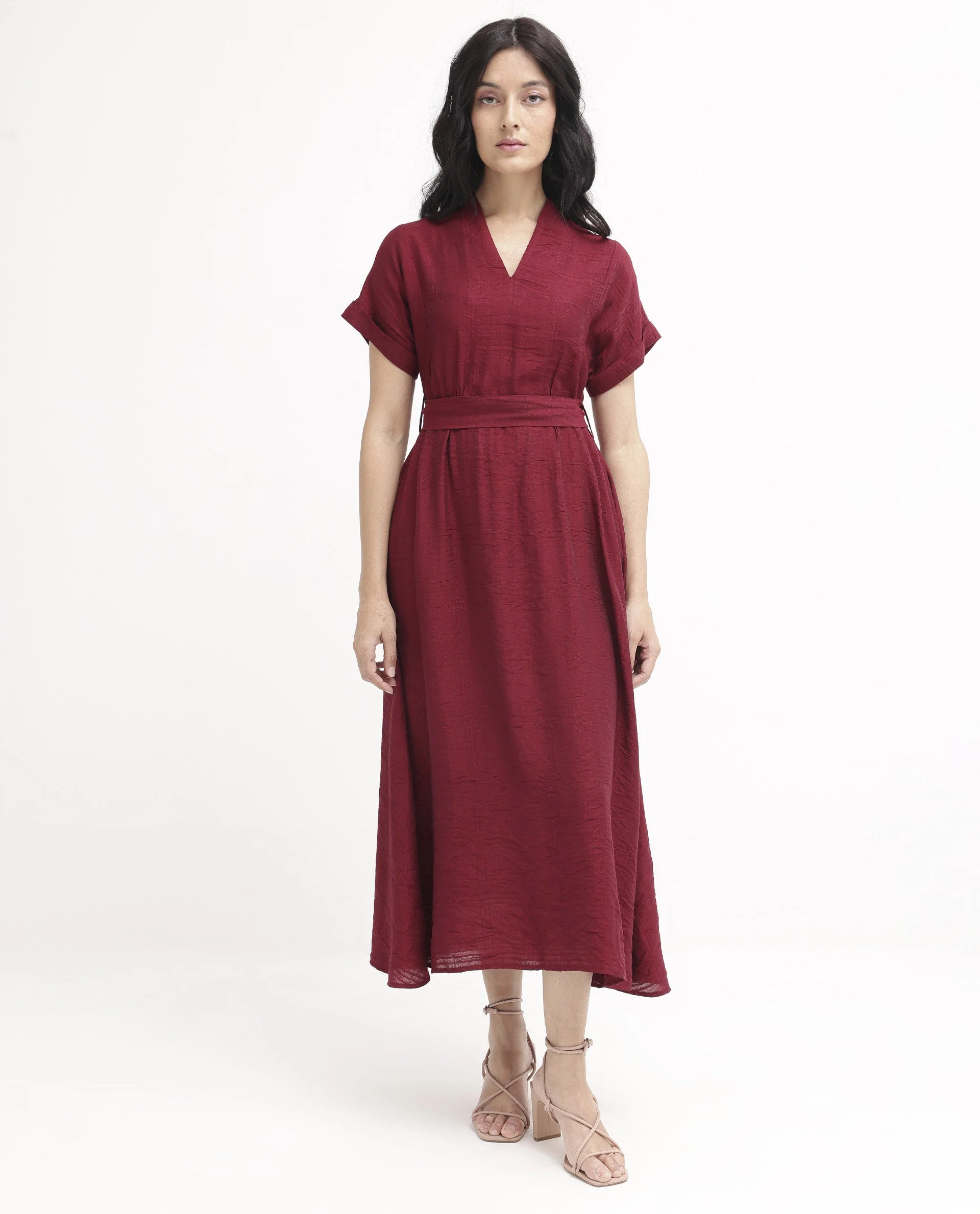 Rareism Women's Ehlum Red V-Neck Plain Extended Sleeves Maxi Regular Fit Dress - Image 9