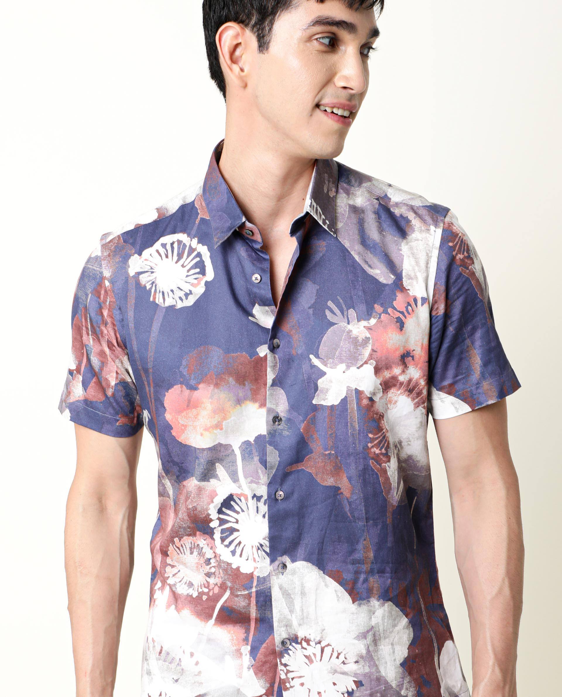 Rare Rabbit Men's Eighty Blue Cotton Floral Print Regular Fit Half Sleeve Collared Shirt - Image 12