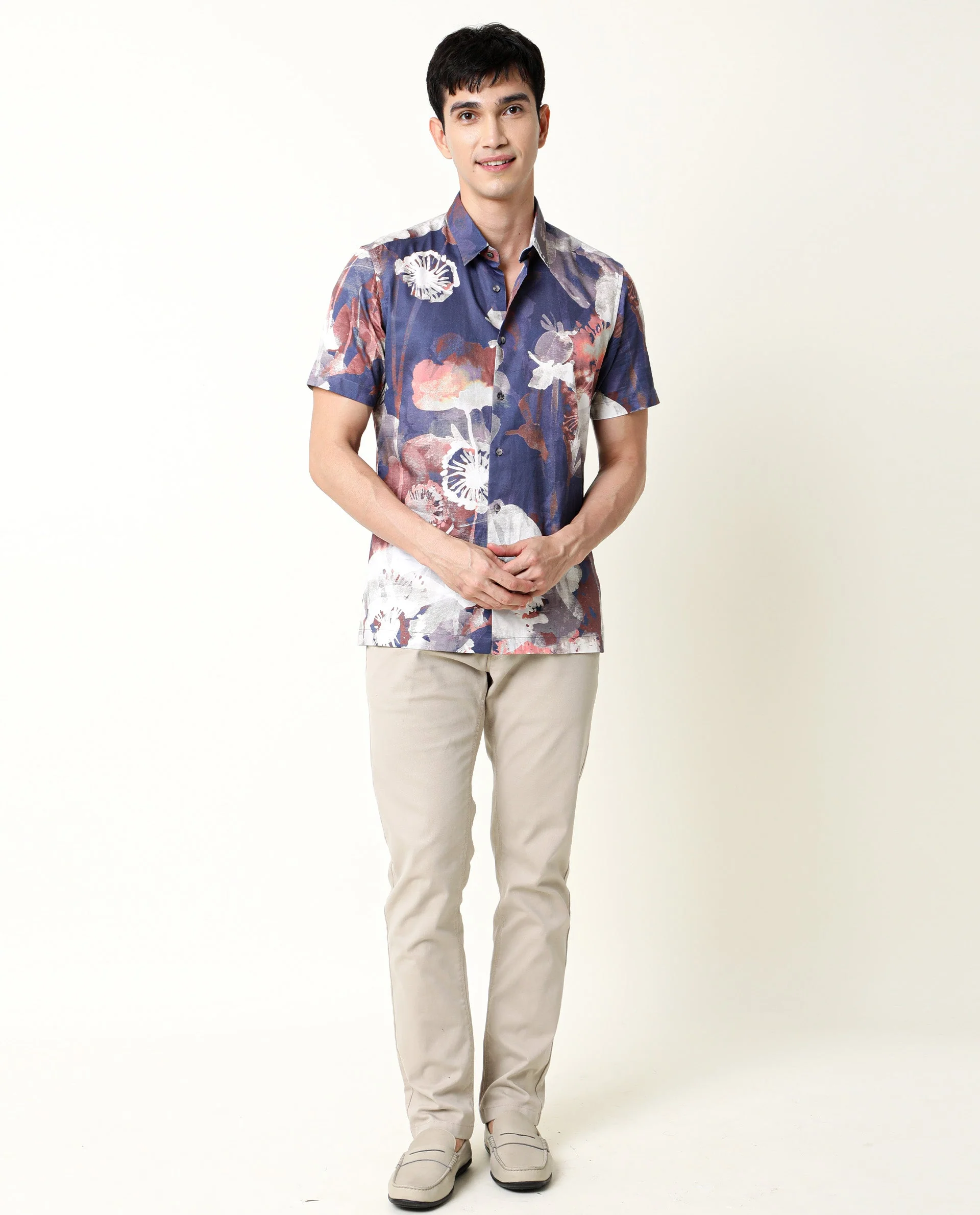 Rare Rabbit Men's Eighty Blue Cotton Floral Print Regular Fit Half Sleeve Collared Shirt - Image 2