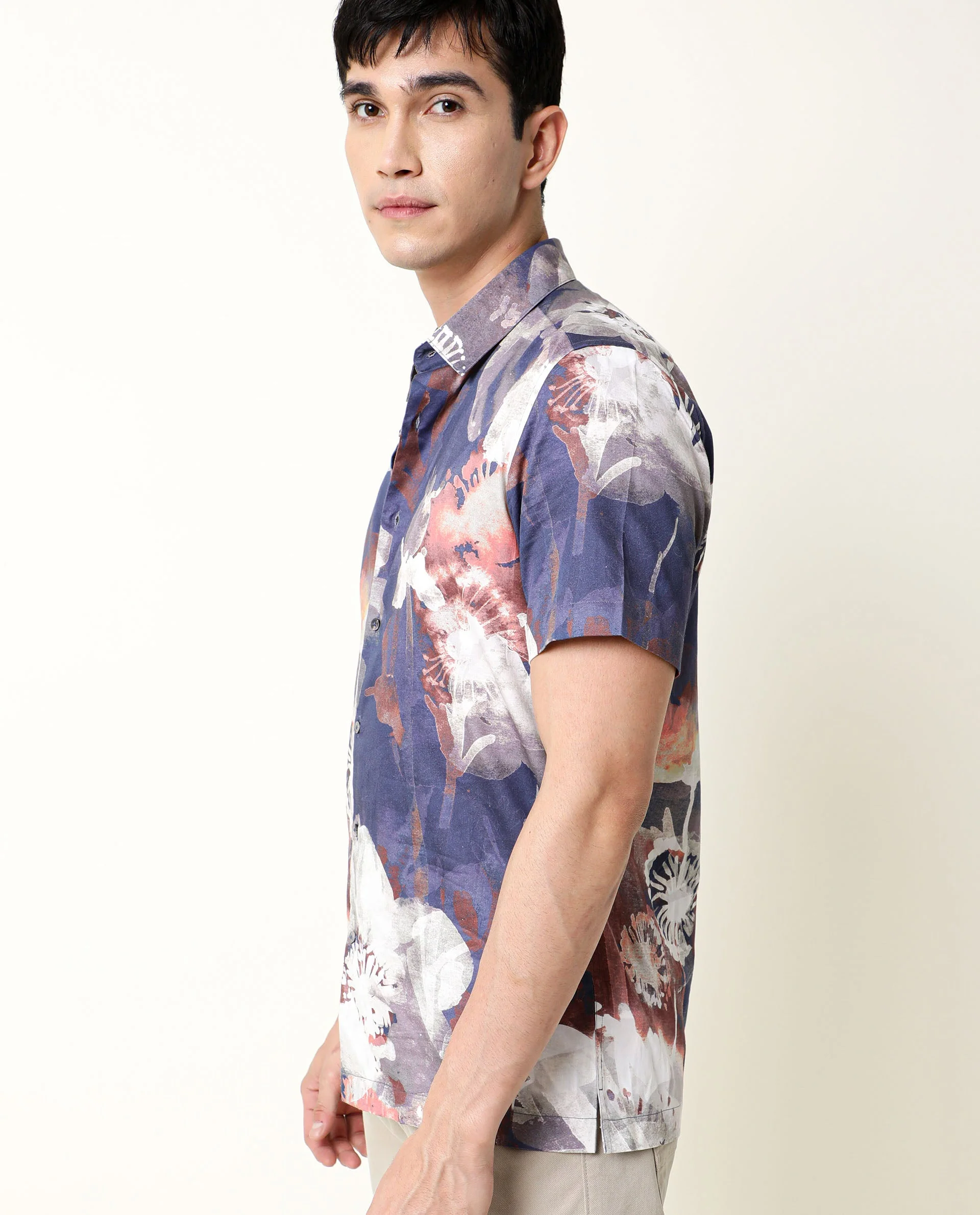 Rare Rabbit Men's Eighty Blue Cotton Floral Print Regular Fit Half Sleeve Collared Shirt - Image 3
