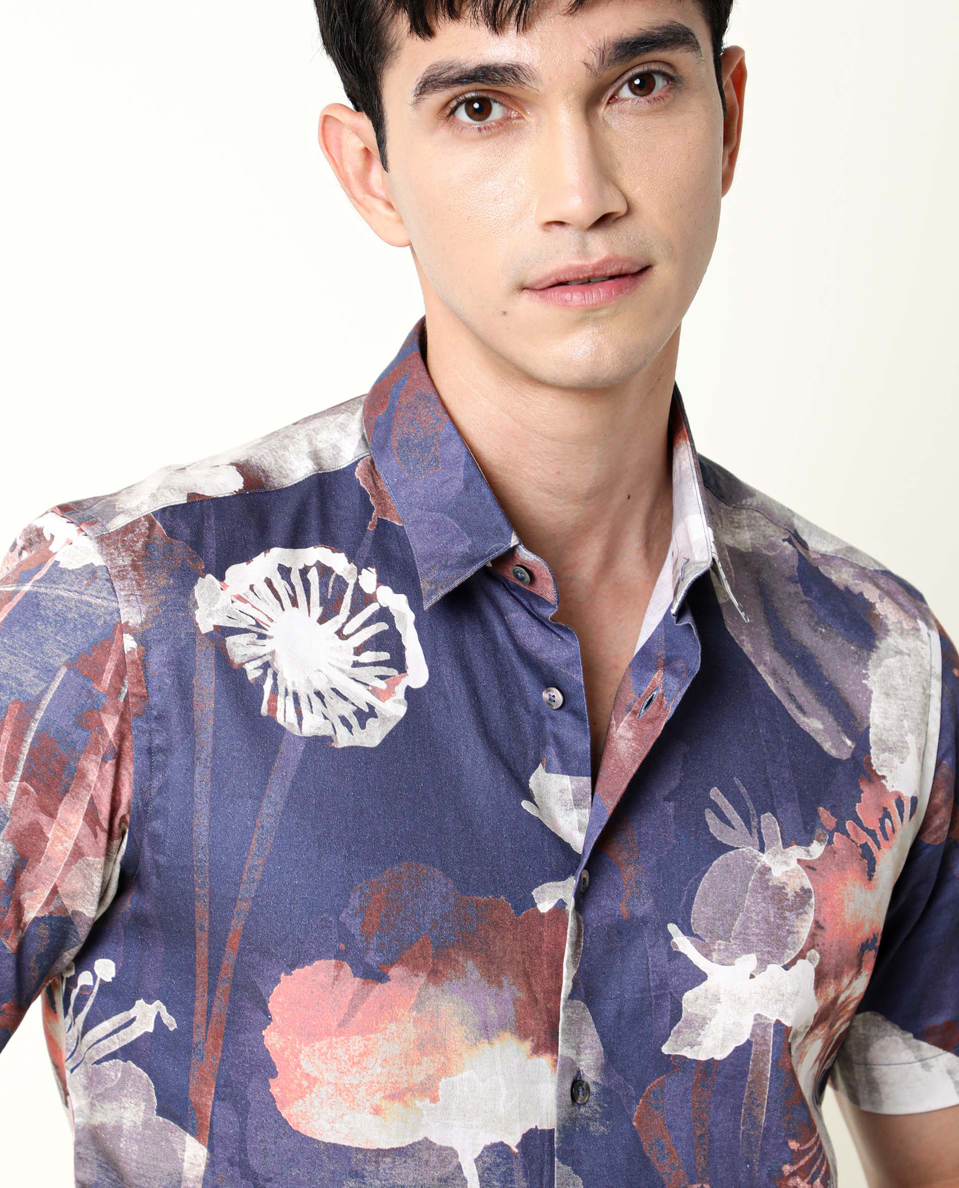 Rare Rabbit Men's Eighty Blue Cotton Floral Print Regular Fit Half Sleeve Collared Shirt - Image 4