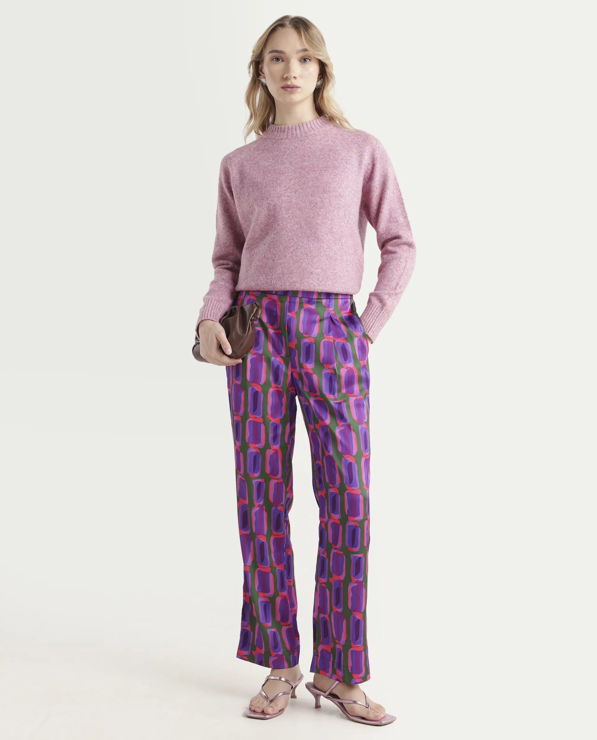 Rareism Women's Eista Purple Polyester Geometric Print Ankle Length Relaxed Fit Trouser