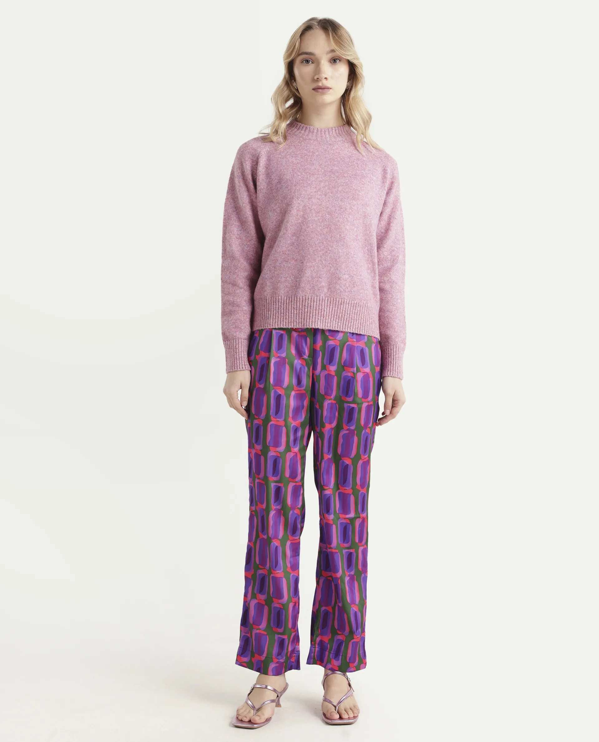 Rareism Women's Eista Purple Polyester Geometric Print Ankle Length Relaxed Fit Trouser - Image 2